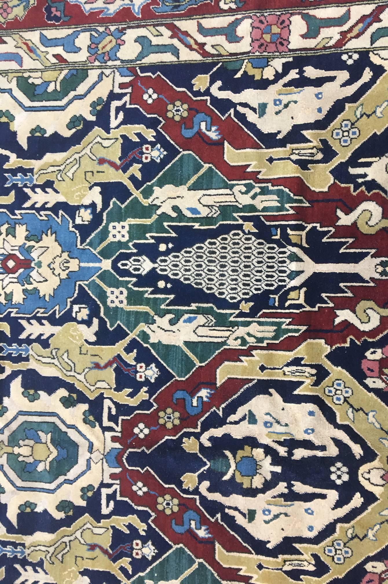 Hand-Knotted Antique Tabriz Carpet, Dragon Design, Handmade Oriental Rug Red, Blue, Gold