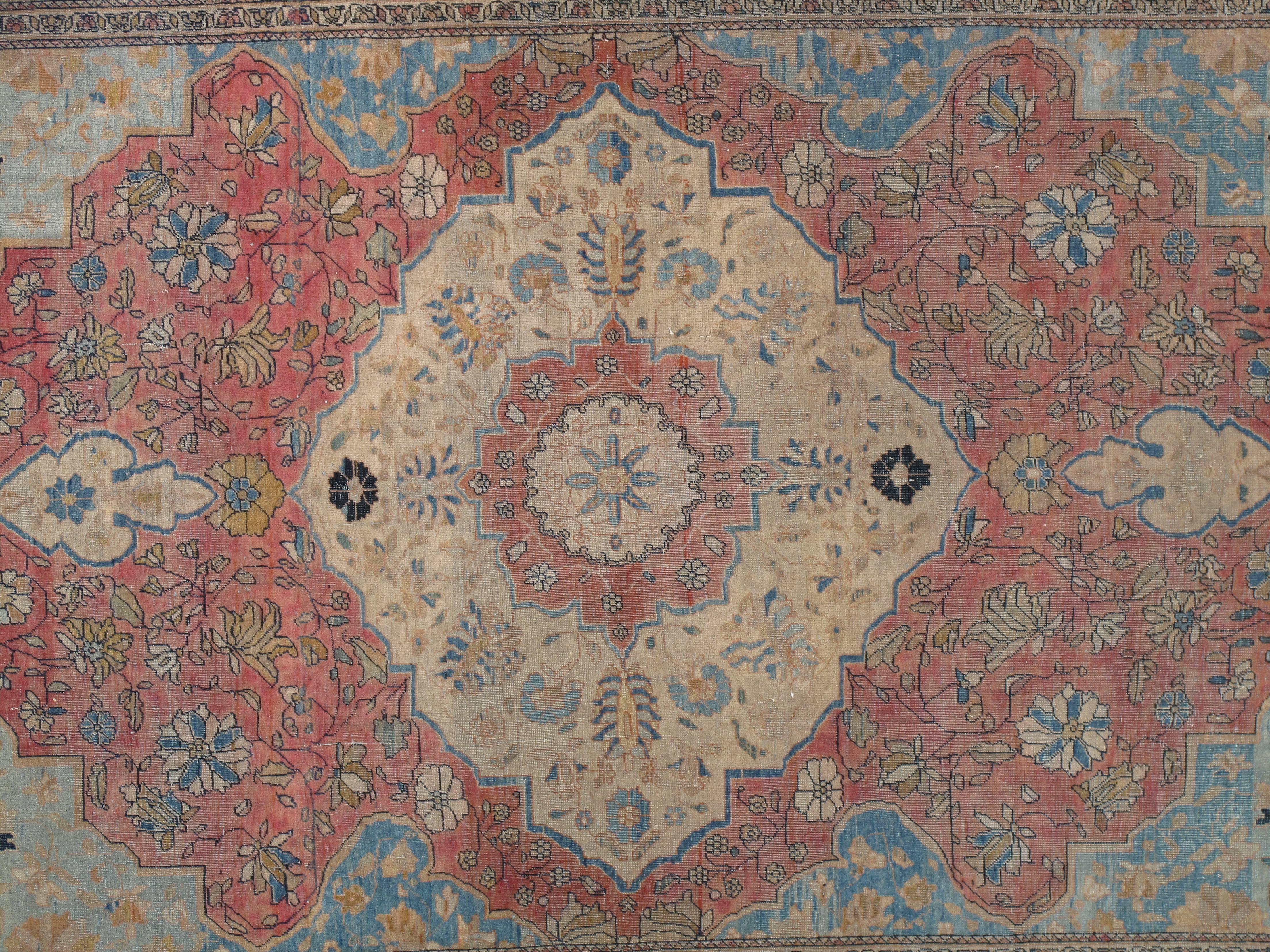 The best of Kashan’s from the late 19th and early 20th centuries are referred to as Motasham Kashan’s. They are some of the most finely woven of all Persian rugs, characterized by a beautiful sheen. This is a very rare example.
Please contact us