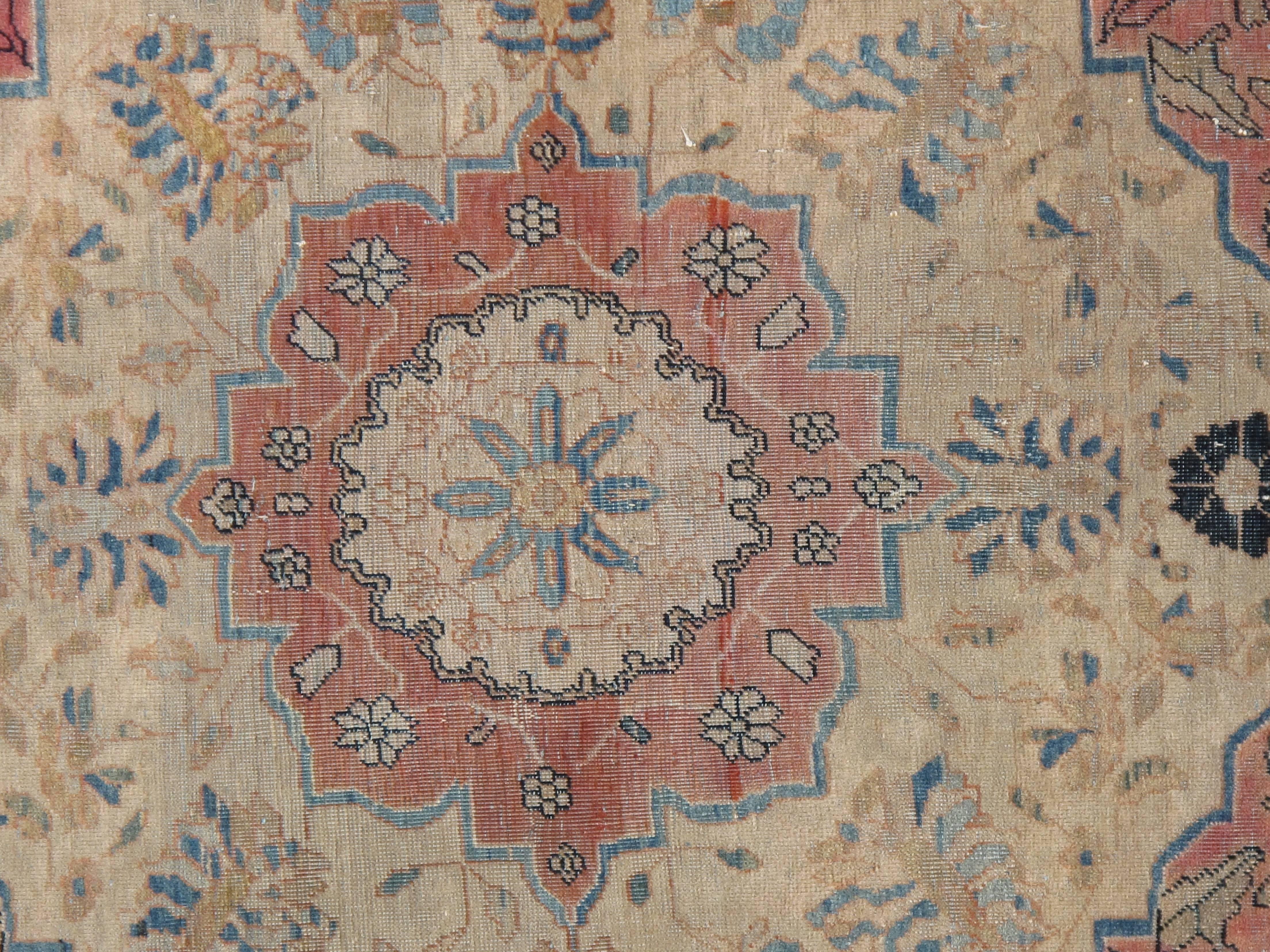 Hand-Knotted Antique Persian Mohtasham Kashan Rug, Handmade Rug, Red, Navy, Light Blue