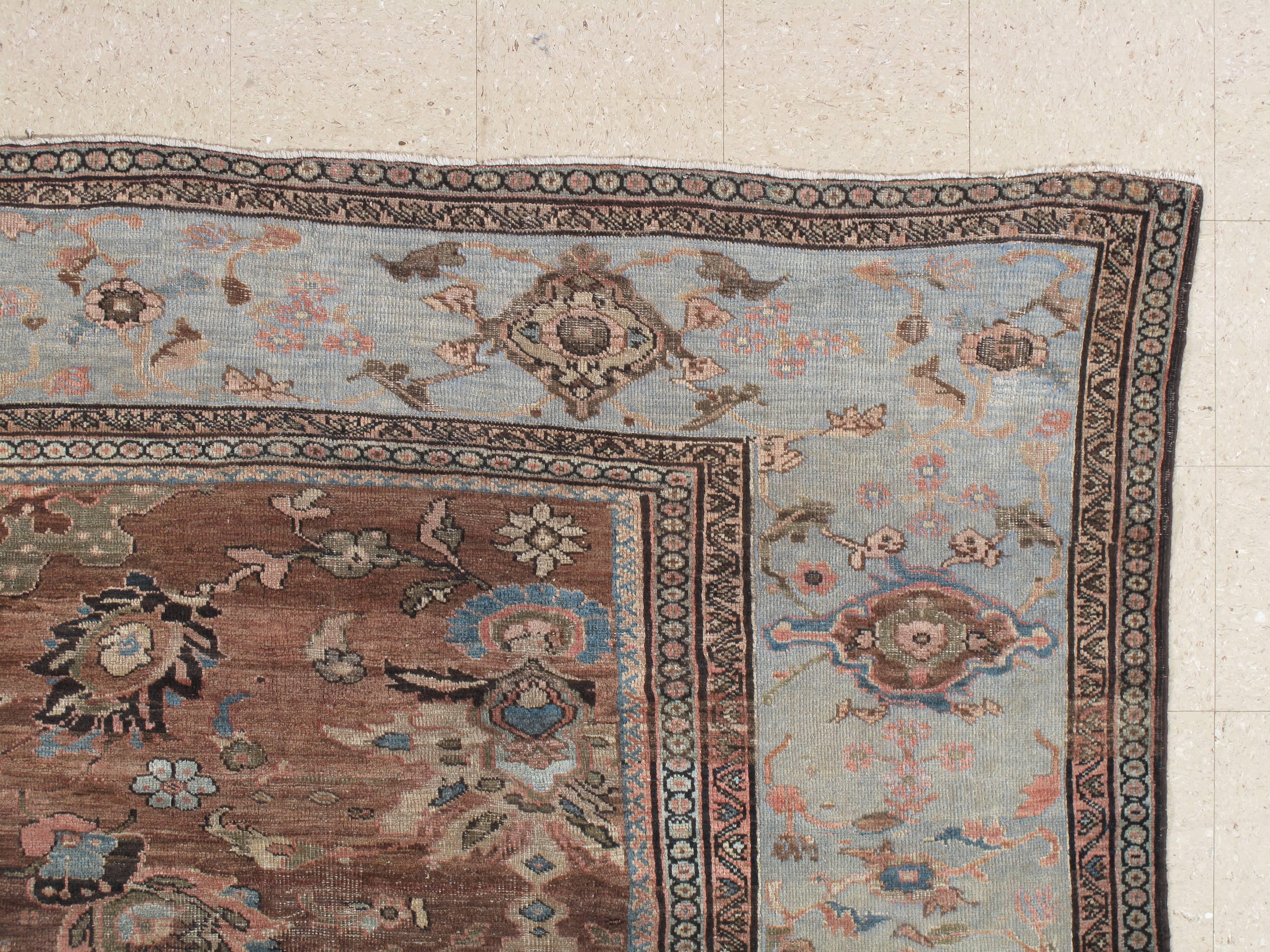 Hand-Knotted Antique Persian Sultanabad Carpet, Handmade Oriental Rug, Light Blue, Terracotta