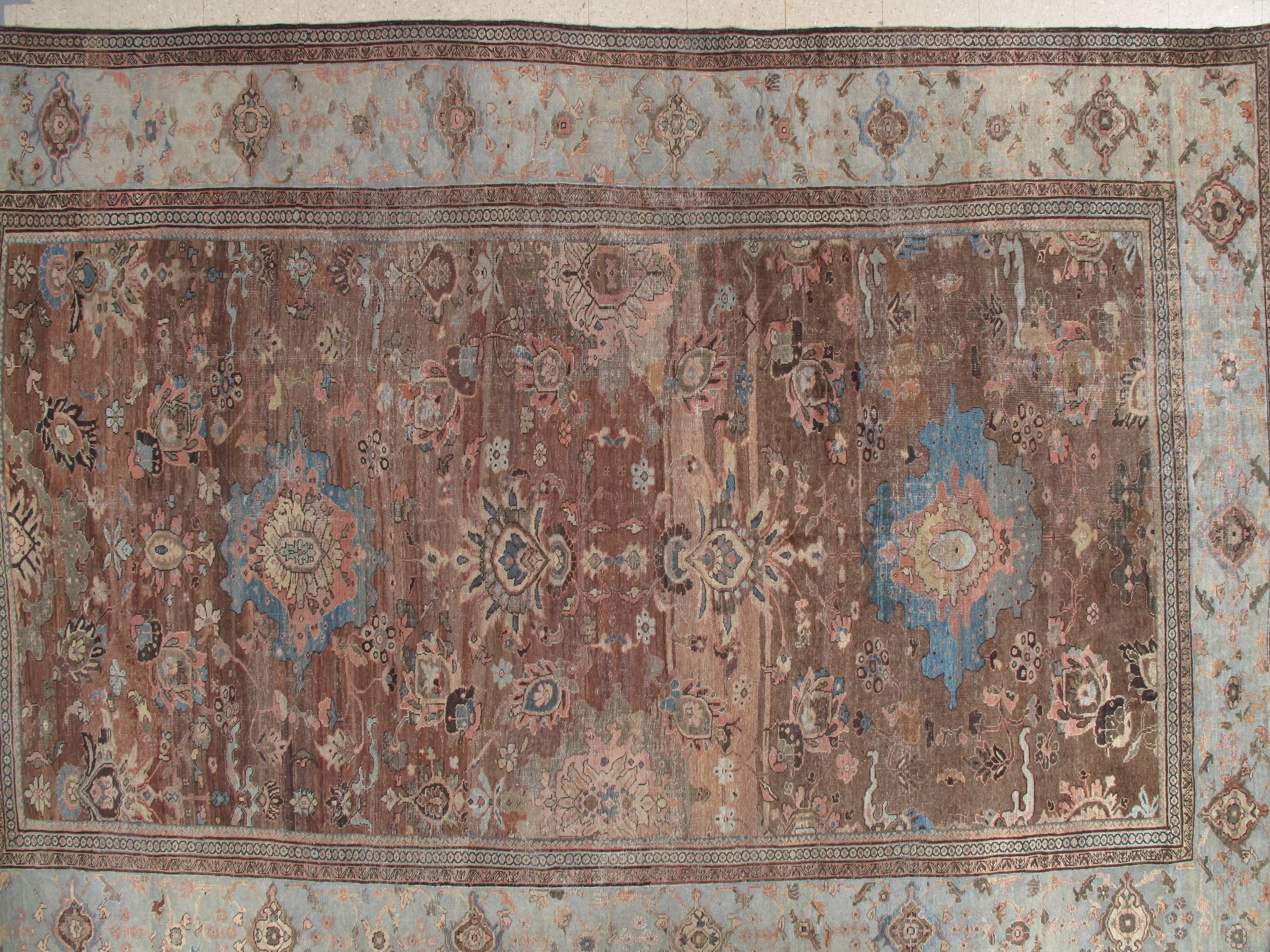 Antique Persian Sultanabad Carpet, Handmade Oriental Rug, Light Blue, Terracotta In Good Condition In Port Washington, NY