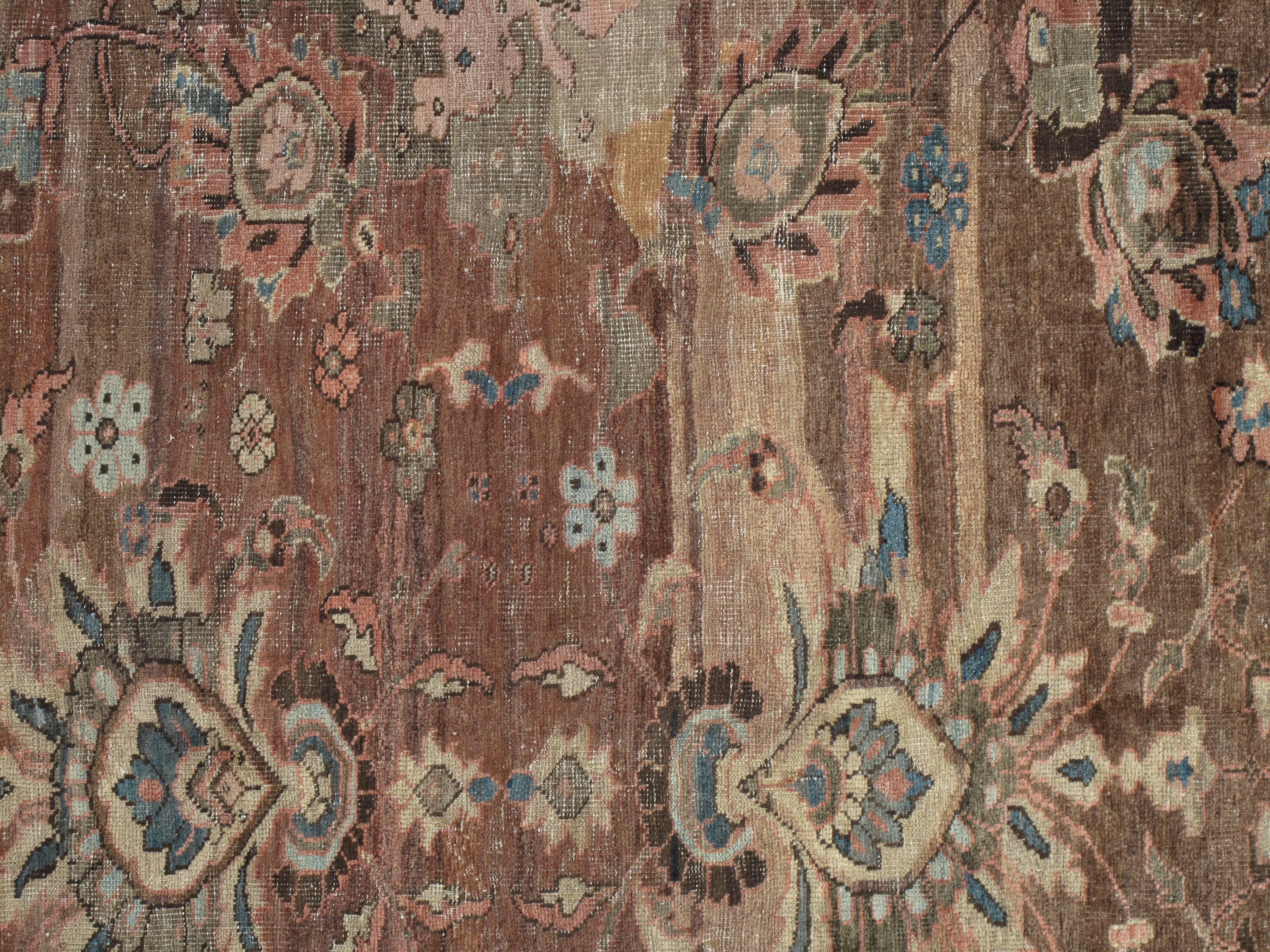 19th Century Antique Persian Sultanabad Carpet, Handmade Oriental Rug, Light Blue, Terracotta