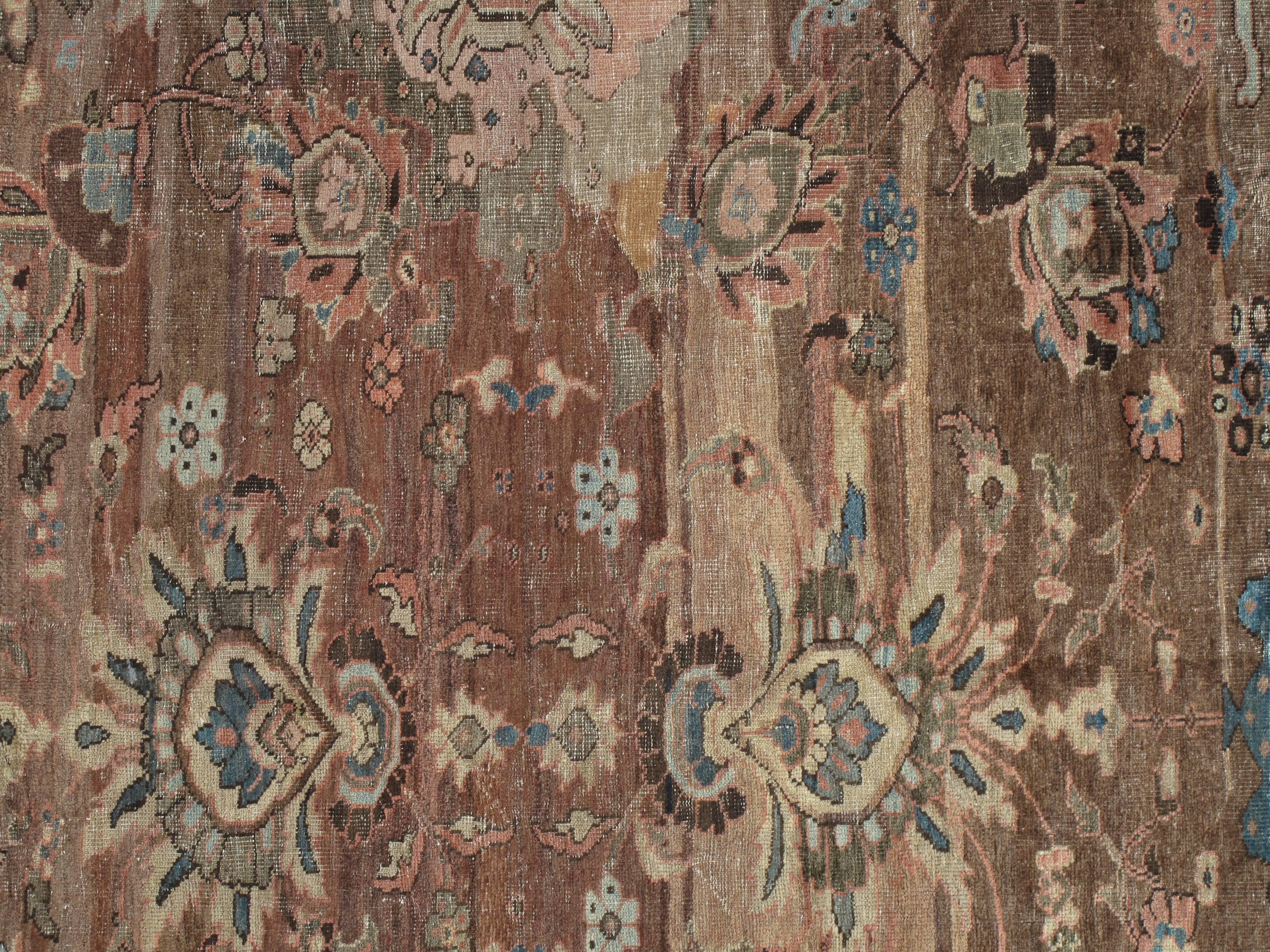 Wool Antique Persian Sultanabad Carpet, Handmade Oriental Rug, Light Blue, Terracotta