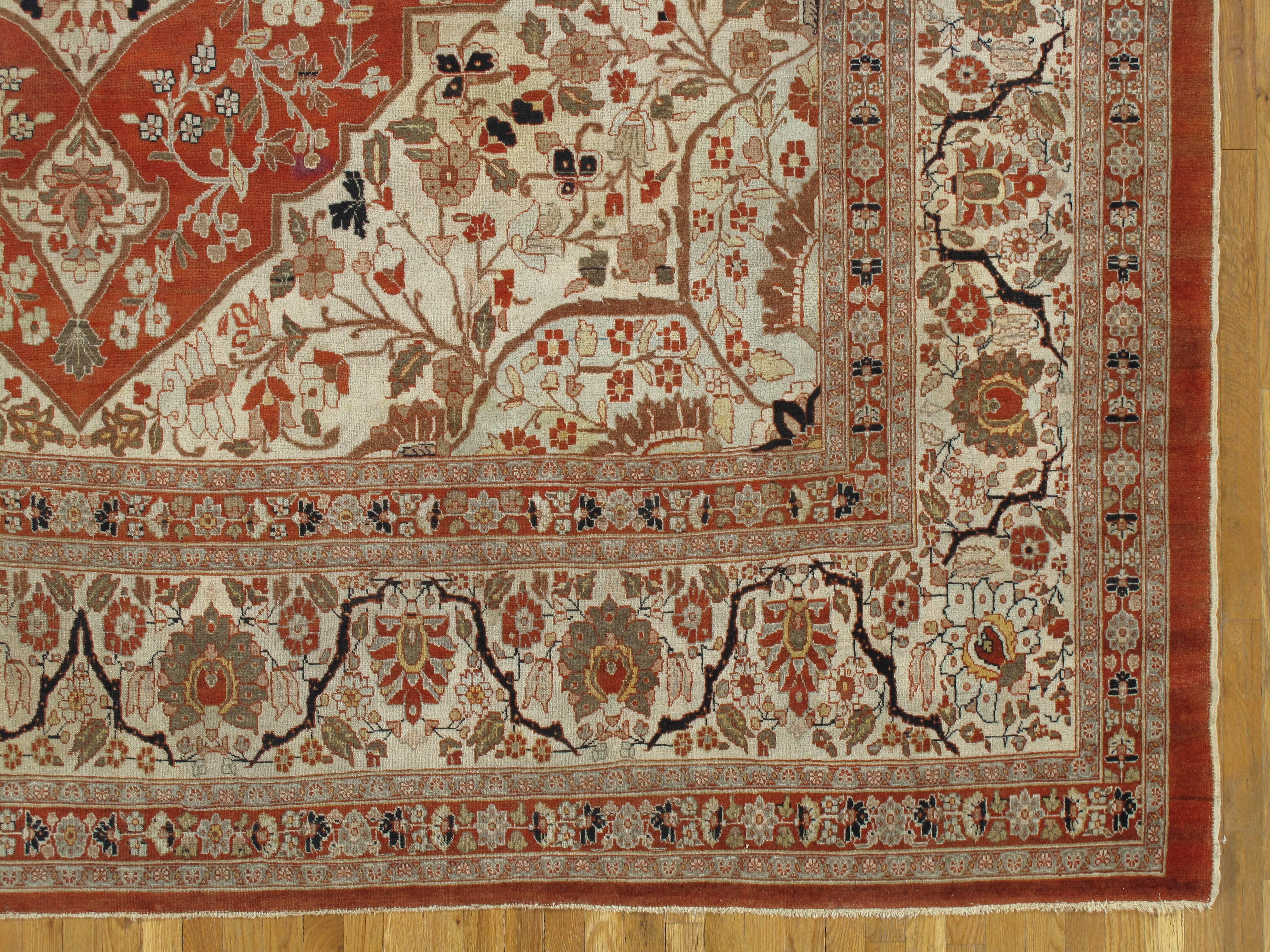 19th Century Antique Tabriz Carpet, Handmade Persian Rug in Floral Soft, Beige and Taupe