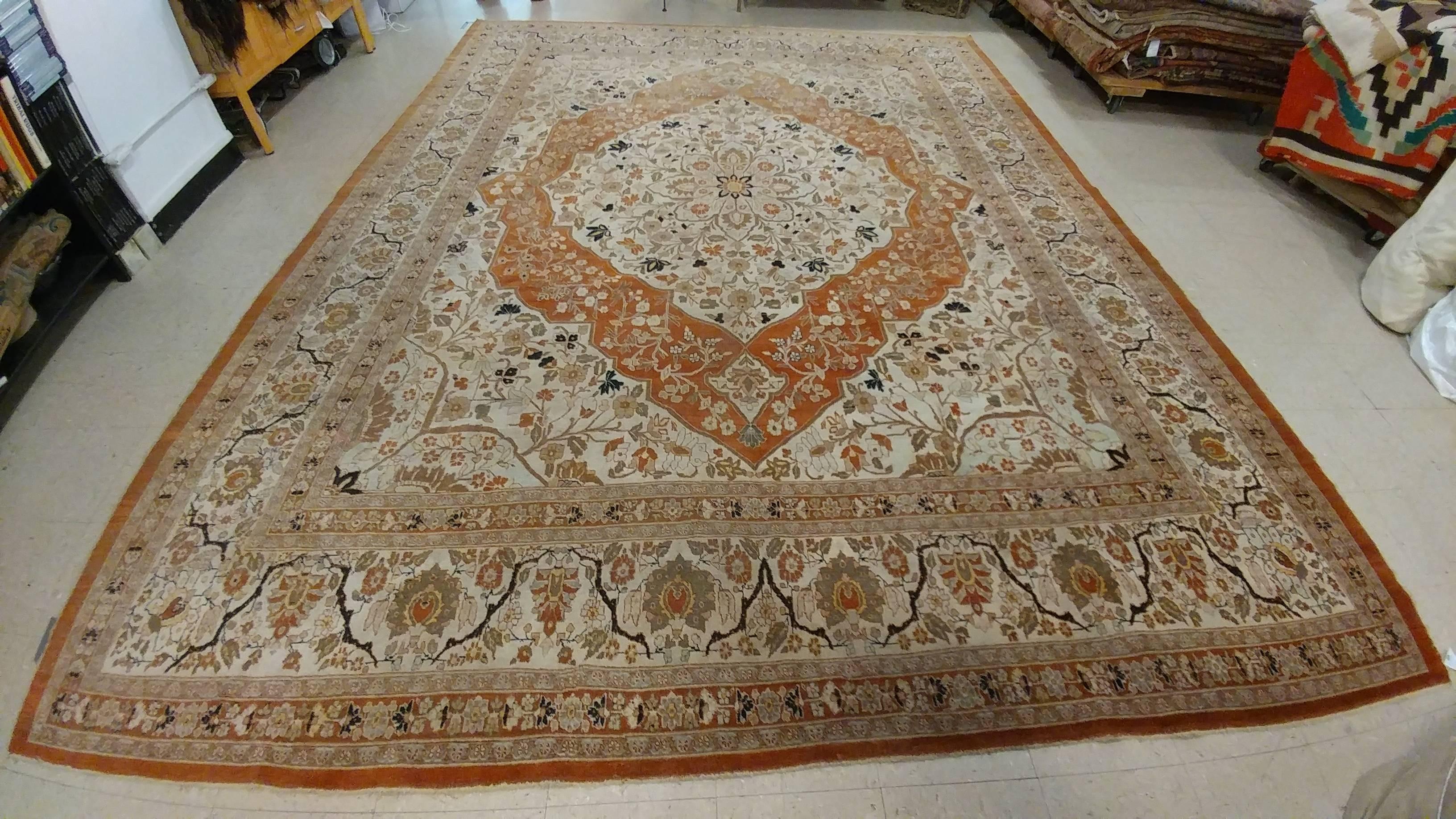 Antique Tabriz Carpet, Handmade Persian Rug in Floral Soft, Beige and Taupe 1