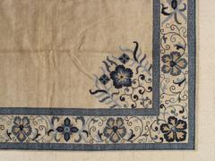 Vintage Chinese Carpet, Tan and Blue Carpet, Handmade Wool Rug