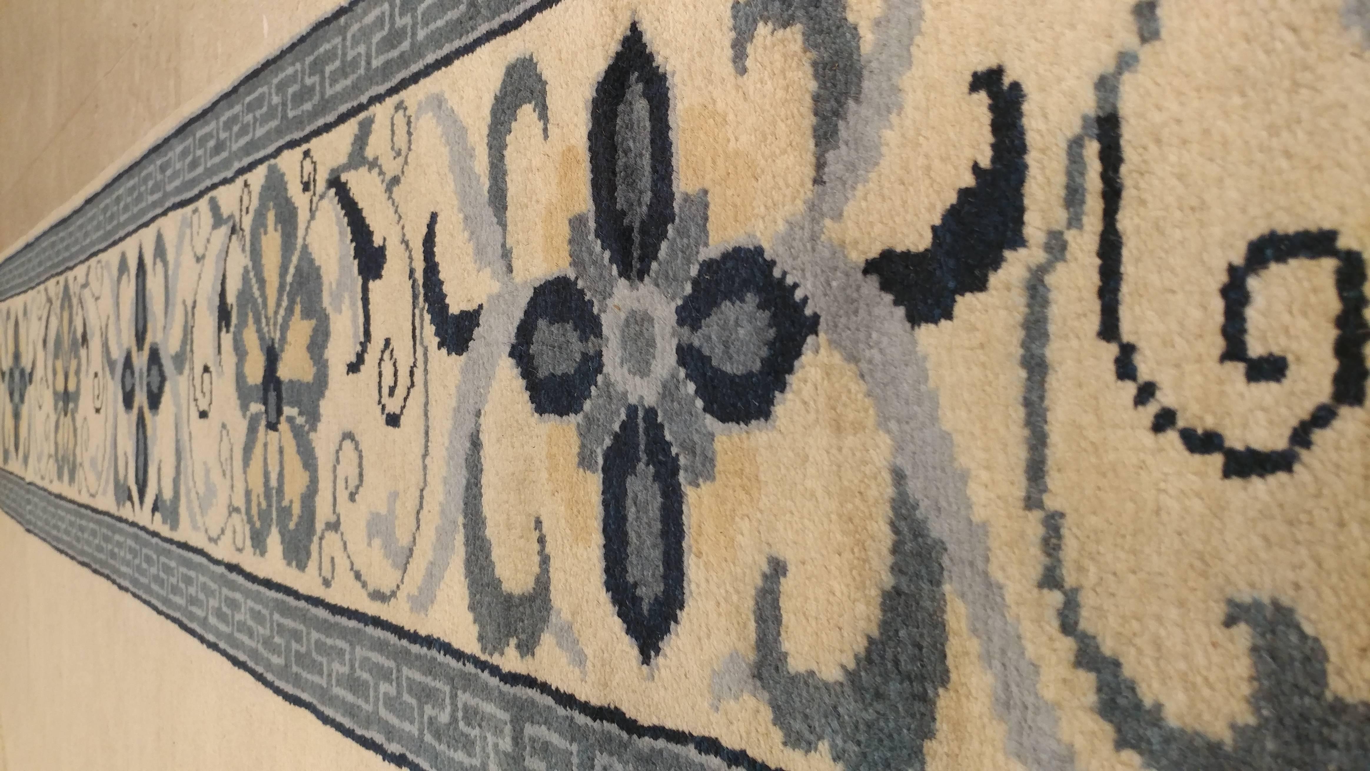 Alfombra china vintage, alfombra bronceada y azul, alfombra de lana hecha a mano Anudado a mano en venta