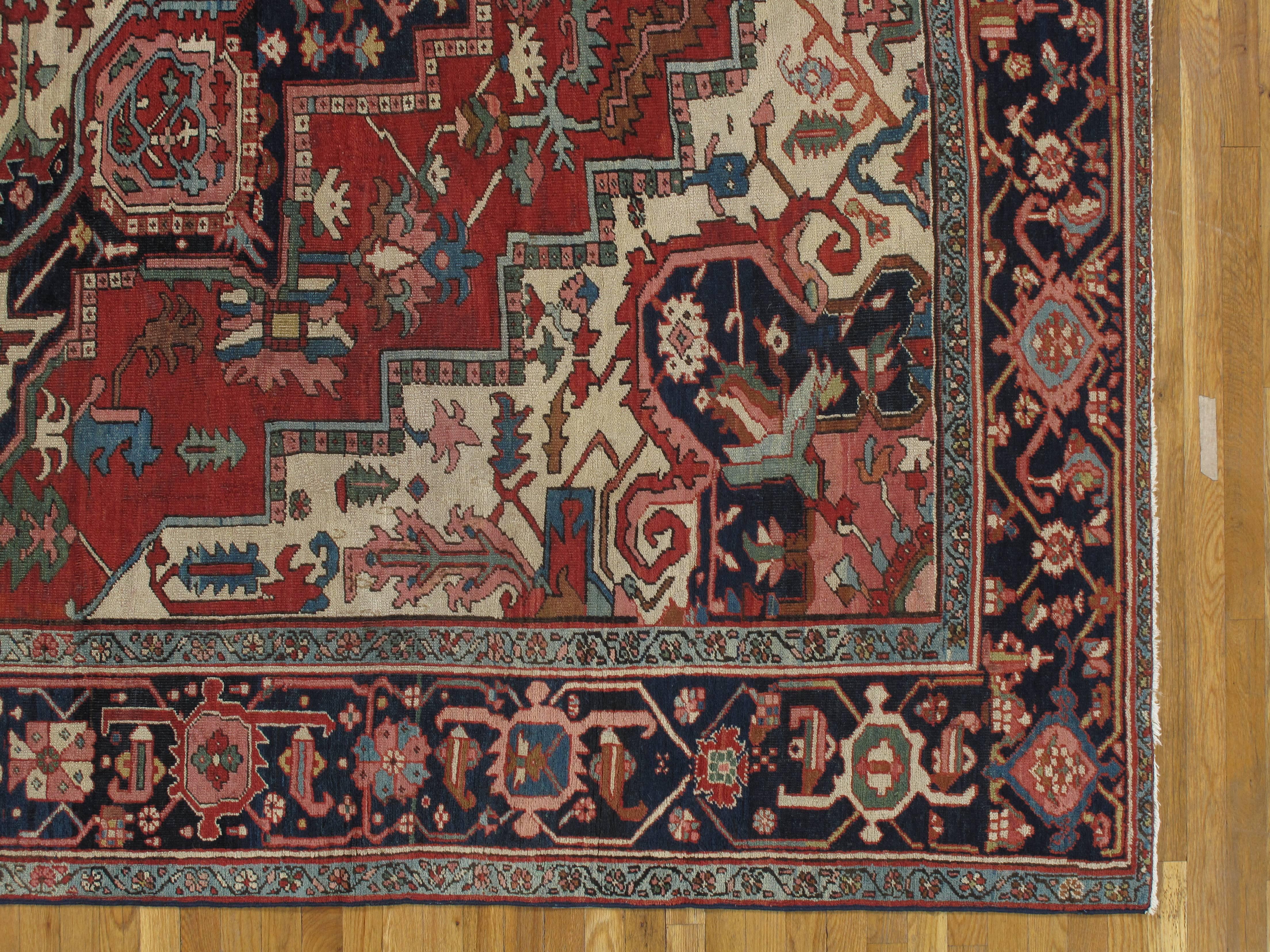 Persian Antique Handsome Serapi Carpet, Handmade Wool Carpet Red Navy, Light Blue, Ivory For Sale