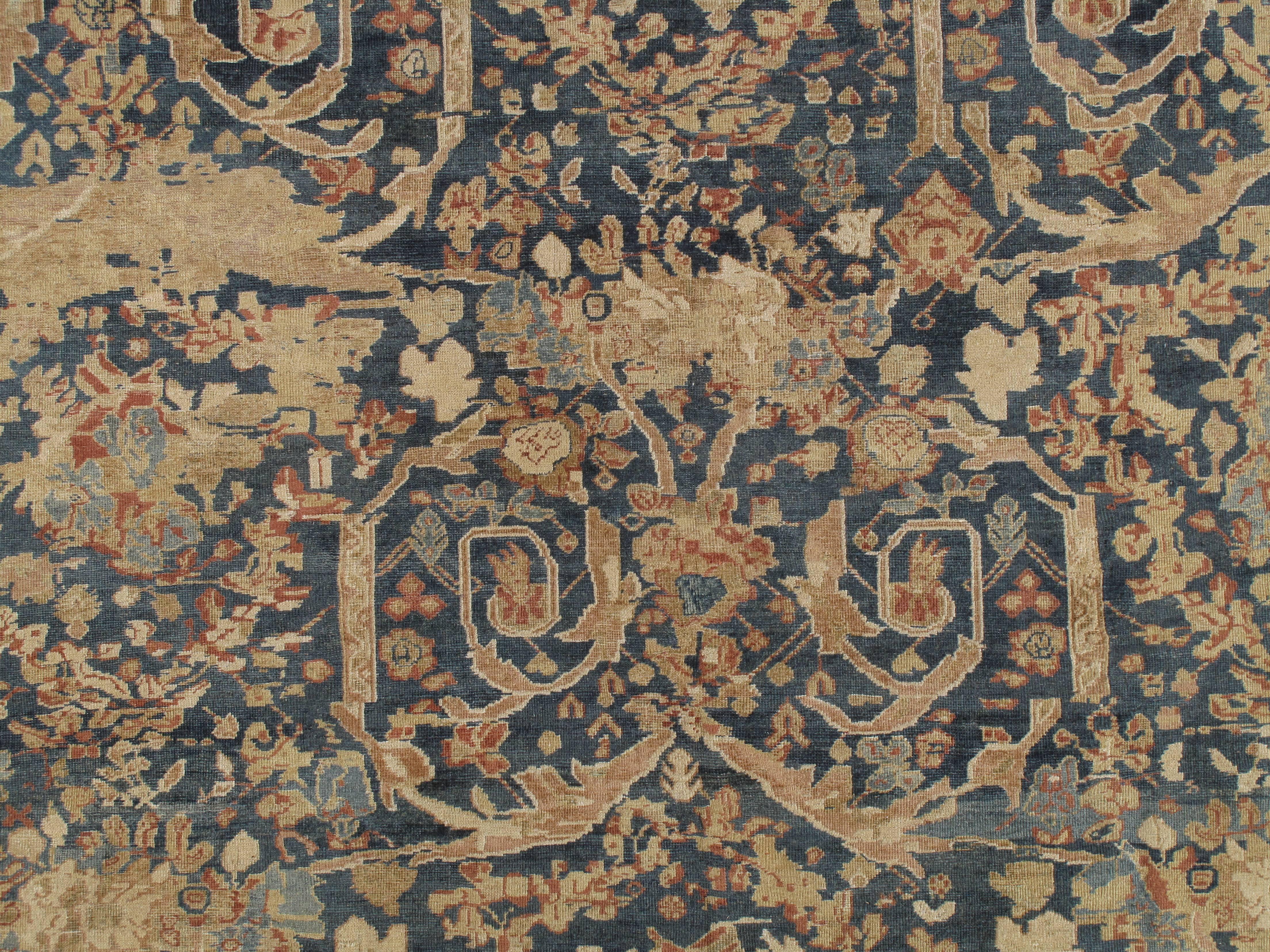 Hand-Knotted Antique Sultanabad Carpet, Persian Handmade Wool Rug, Soft Navy, Light Blue Ivor