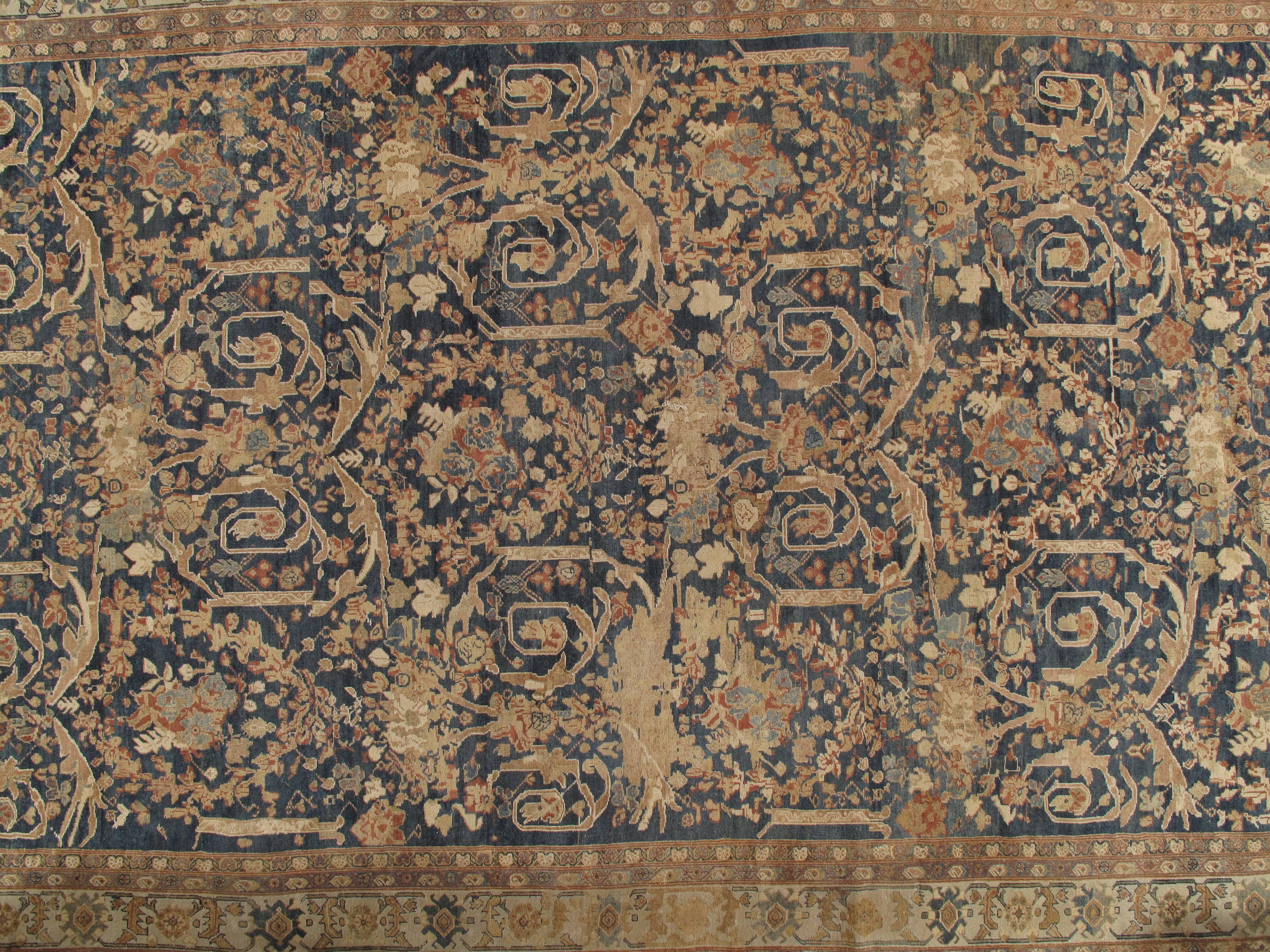 19th Century Antique Sultanabad Carpet, Persian Handmade Wool Rug, Soft Navy, Light Blue Ivor