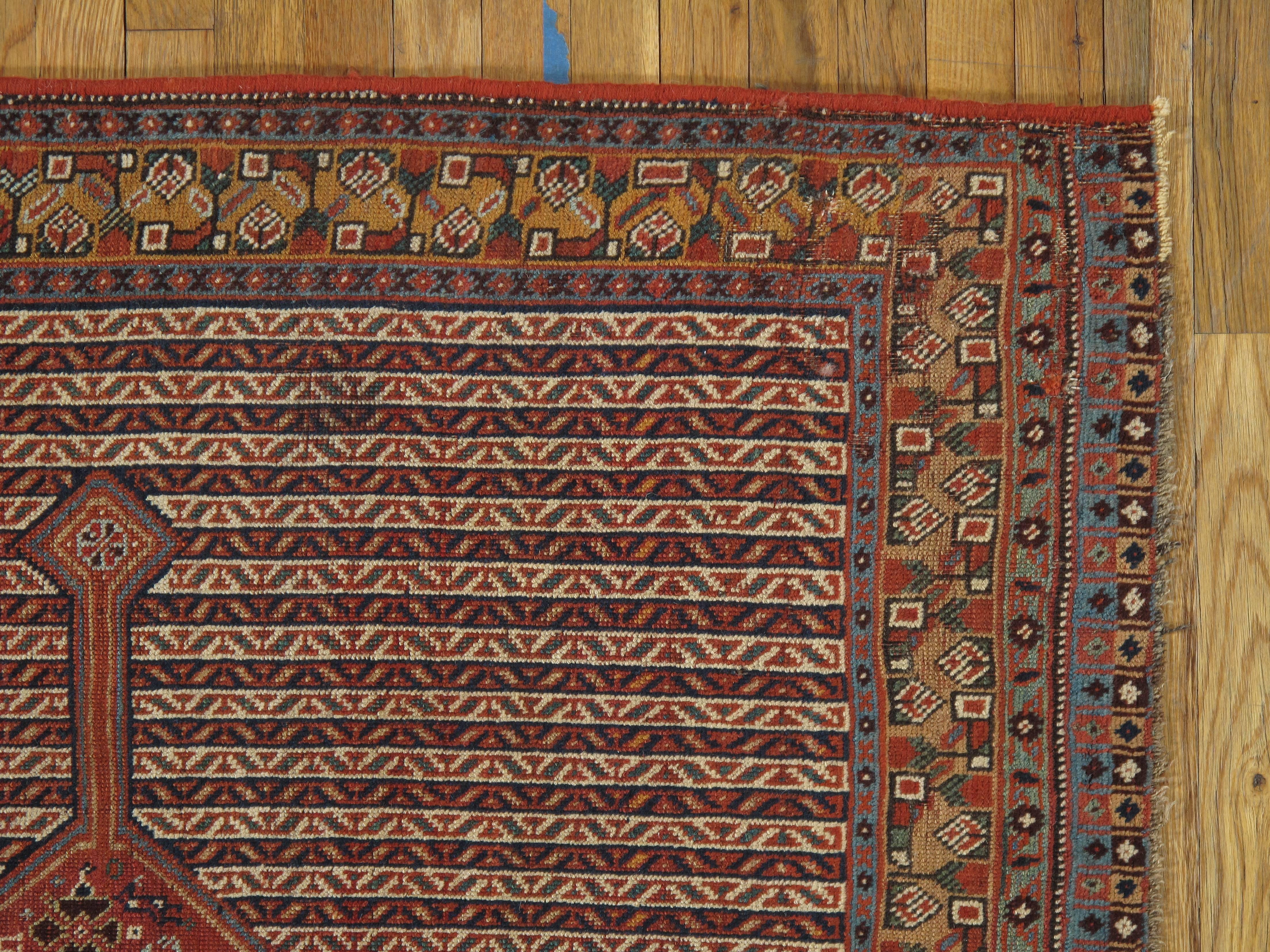 Hand-Knotted Antique Gashghai Rug, Tribal Persian Rug, Nomadic Handmade Rug Rust, Blue Ivory