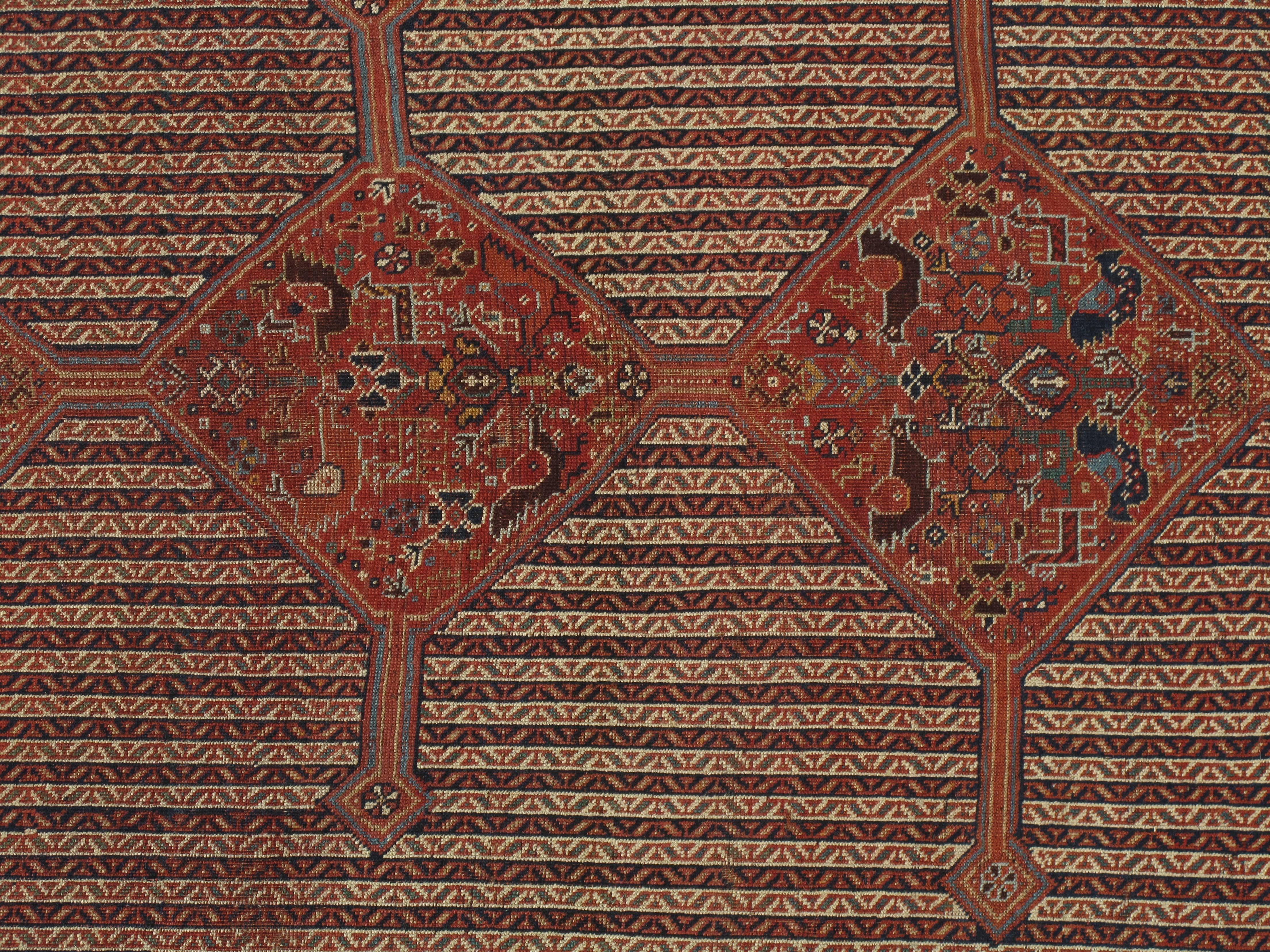 Antique Gashghai Rug, Tribal Persian Rug, Nomadic Handmade Rug Rust, Blue Ivory In Good Condition In Port Washington, NY