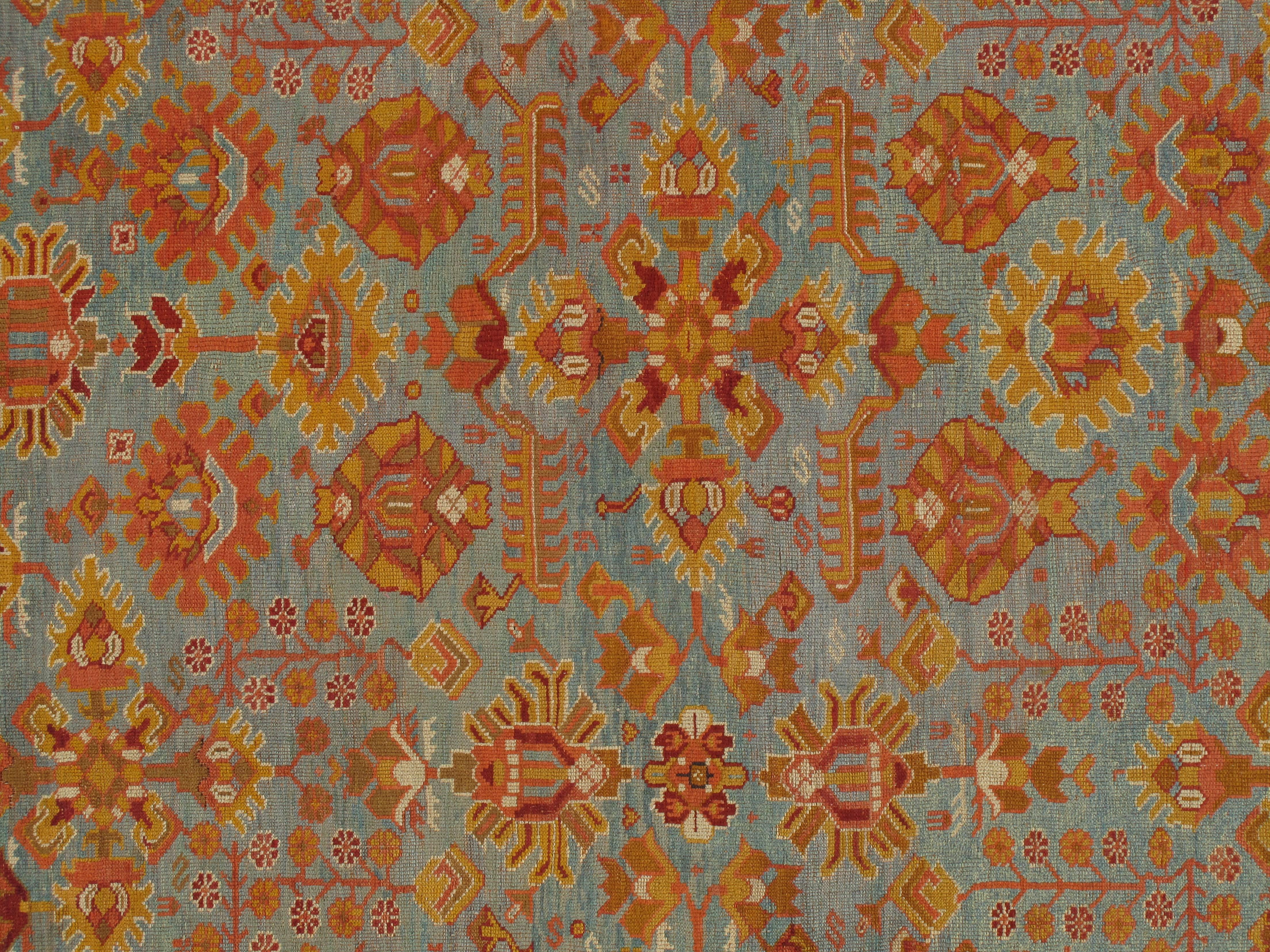 Turkish carpet from Oushak with a combination of soft colors having an all-over design. Finely woven, having the most superb wool found in the mountains of Anatolia. This is a fine example of a antique Oushak. Please contact us for more information.
