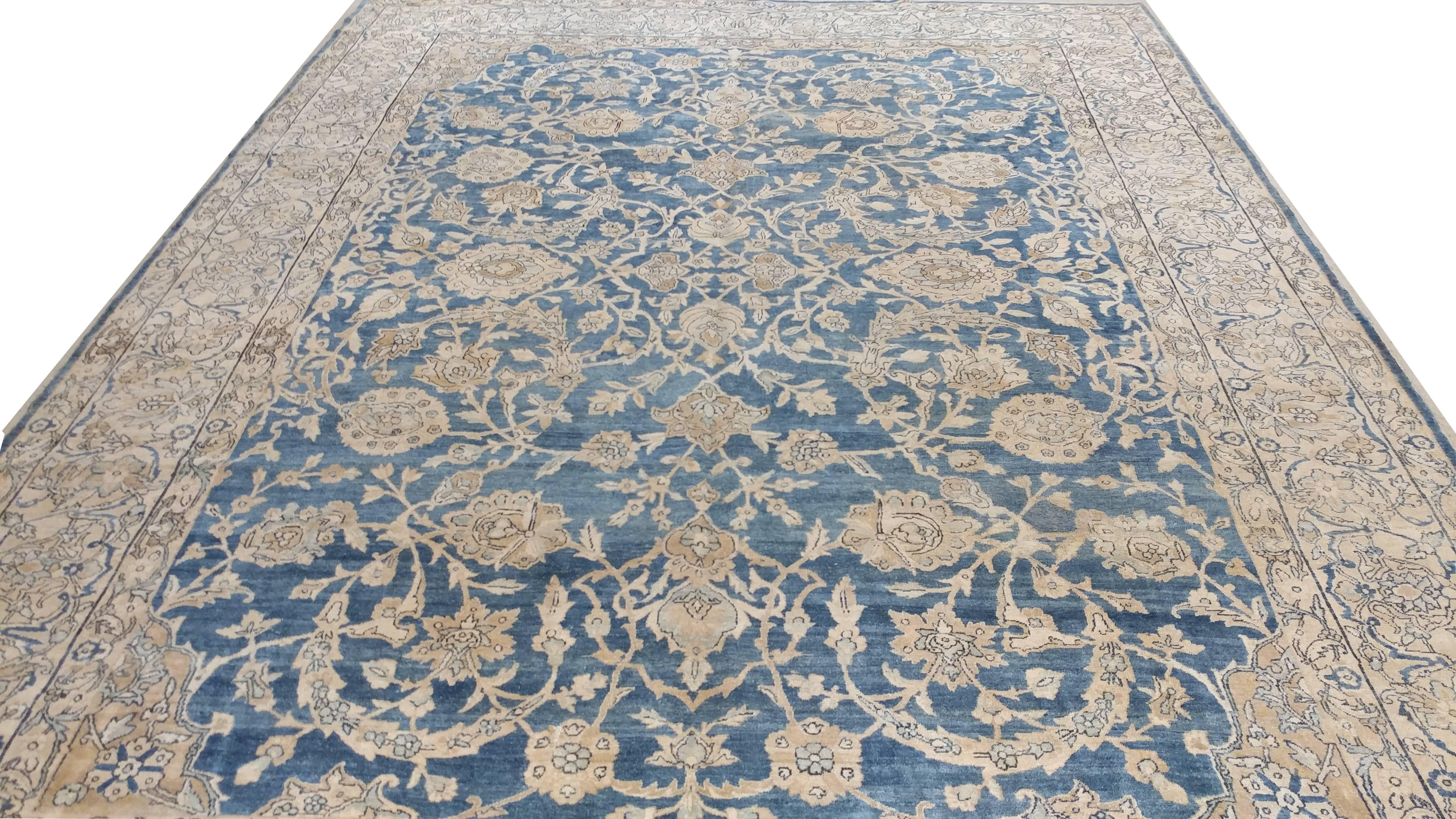 Antique Persian Kerman Carpet, Oriental Rug, Handmade, Blue, Ivory, Taupe, Tan In Good Condition For Sale In Port Washington, NY