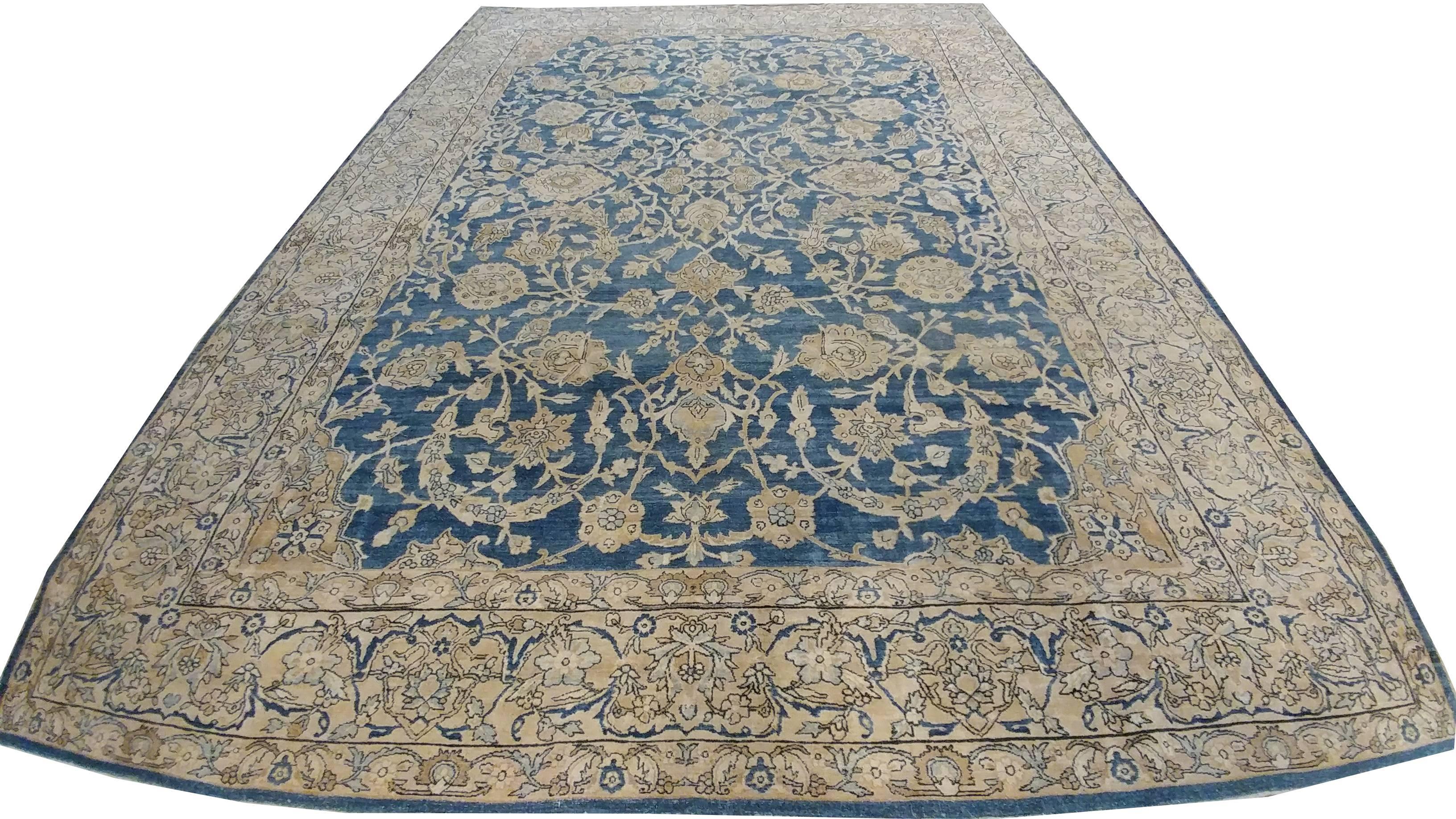 20th Century Antique Persian Kerman Carpet, Oriental Rug, Handmade, Blue, Ivory, Taupe, Tan For Sale