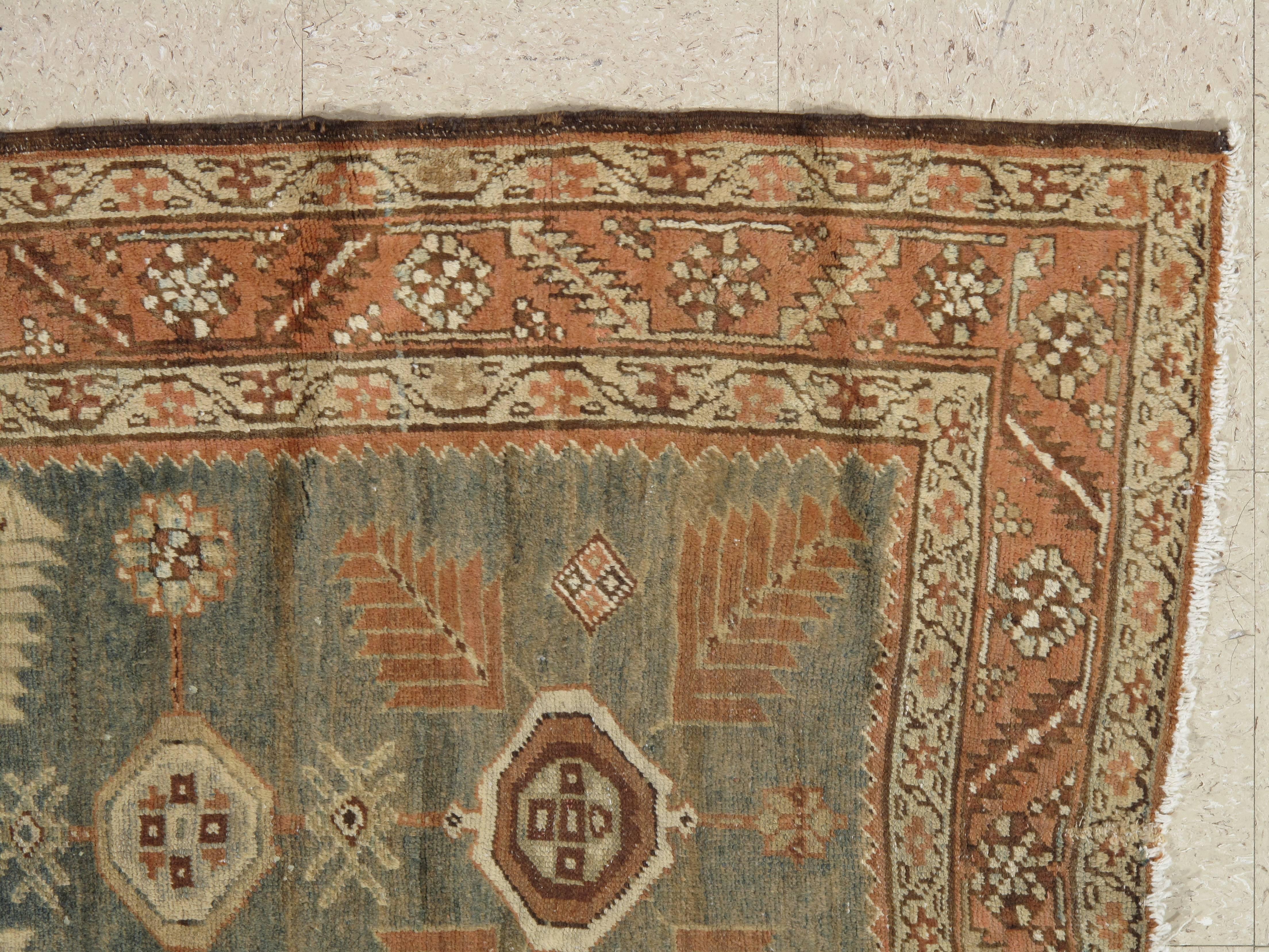 Hand-Knotted Antique Persian Heriz Runner, Handmade Wool Oriental Runner, Rust, Navy, Ivory
