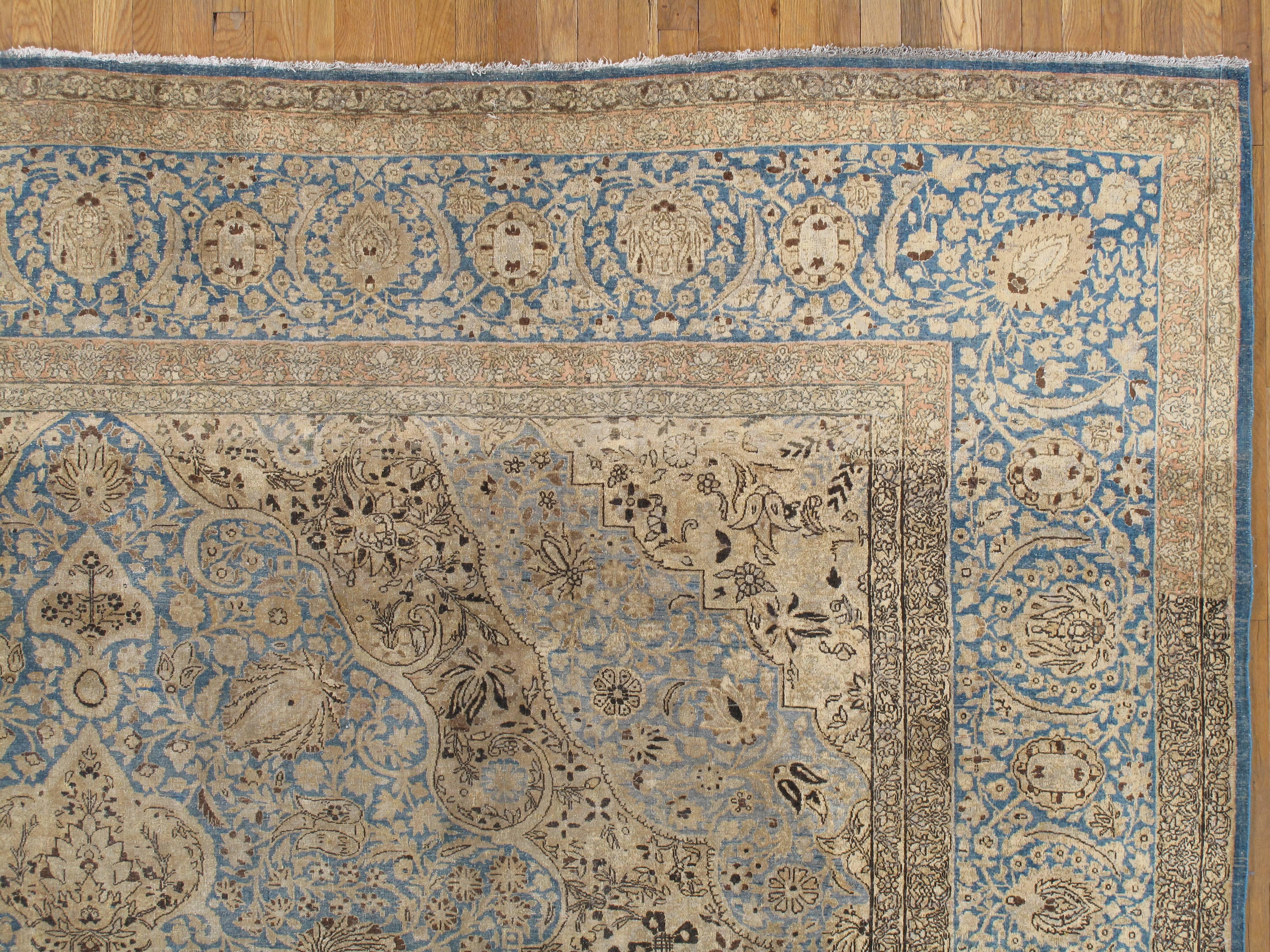 Hand-Knotted Antique Tabriz Carpet, Handmade Carpet, Light Blue, Gold and Ivory For Sale
