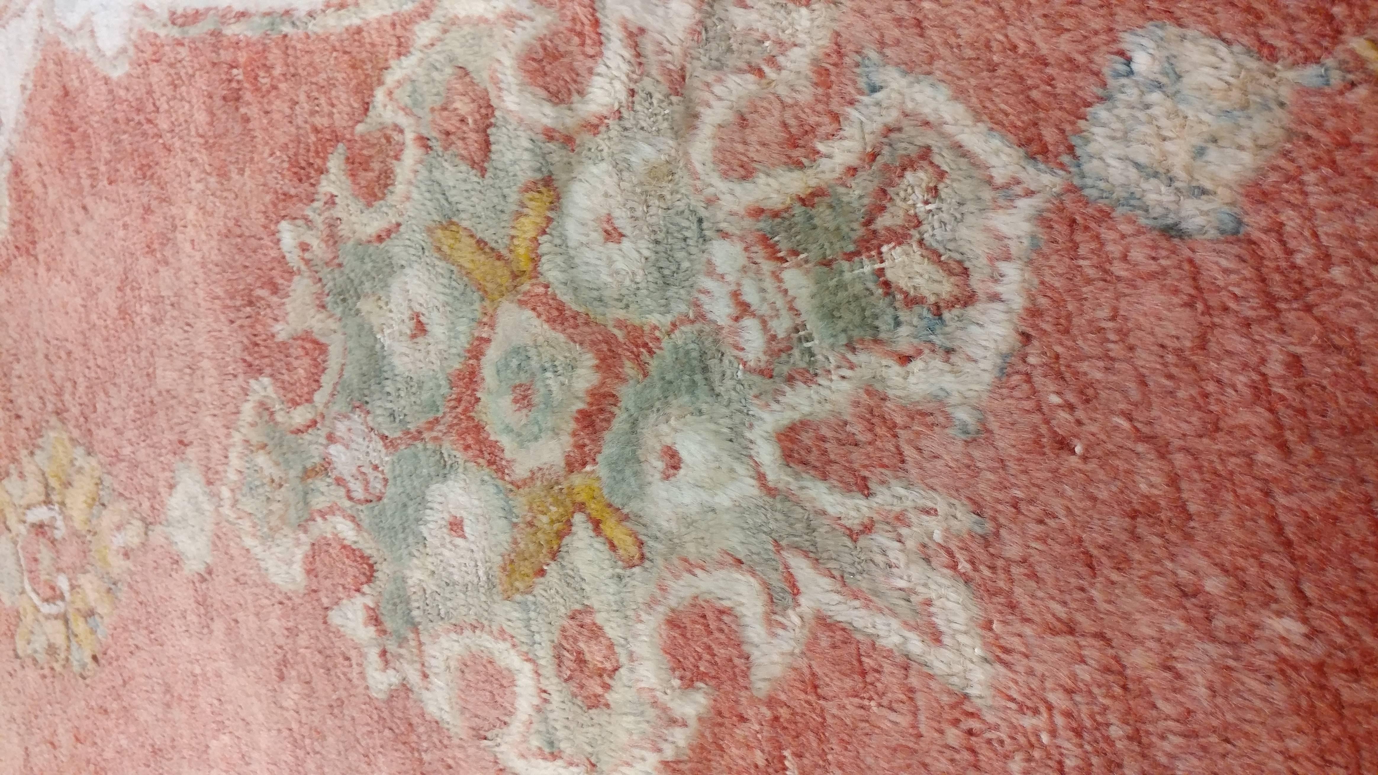 Antique Oushak Rug, Handmade Rug in Coral, Green, Ivory and Light Blue In Good Condition In Port Washington, NY