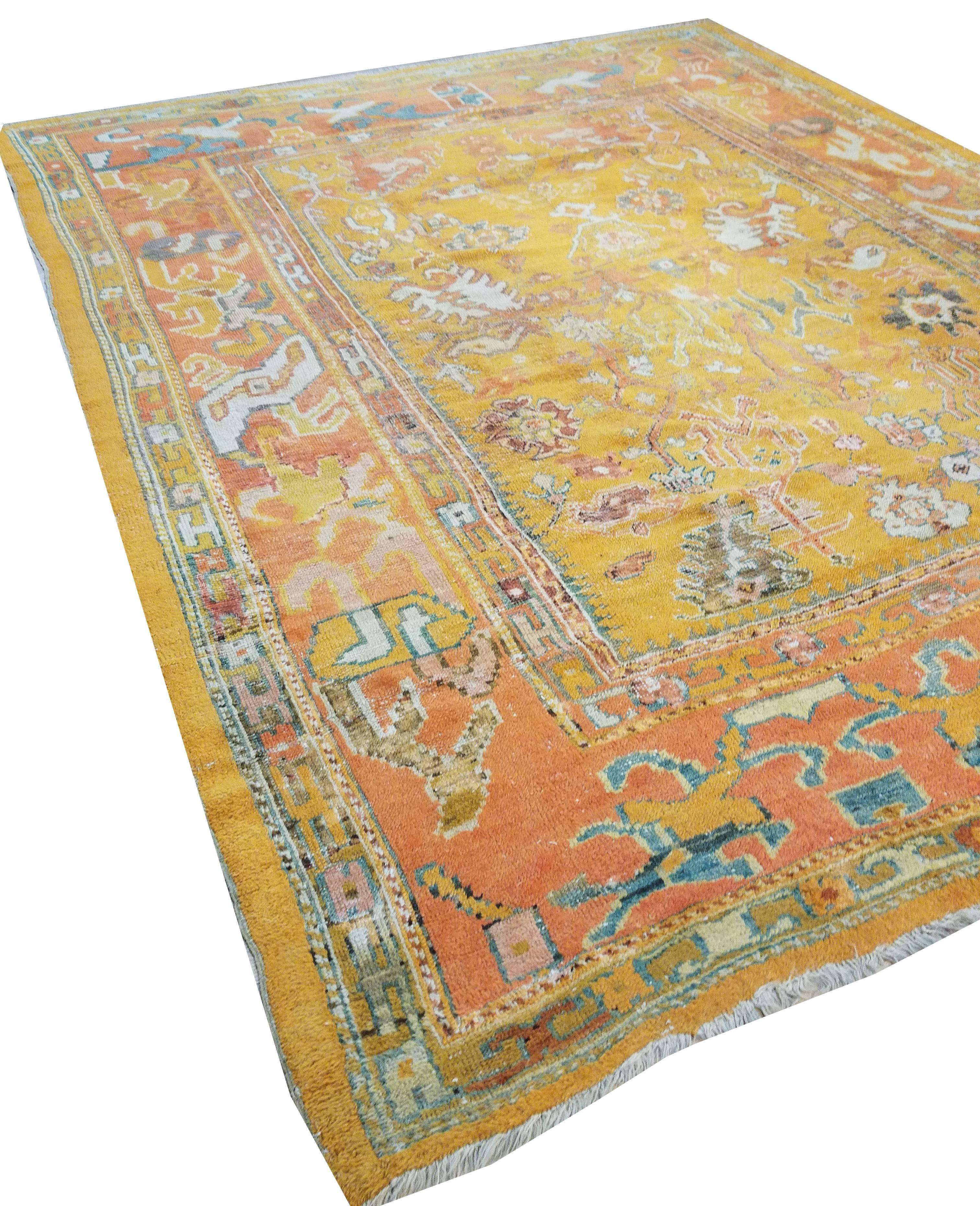 Turkish Antique Oushak Carpet, Oriental Rug, Handmade Orange, Ivory and Saffron