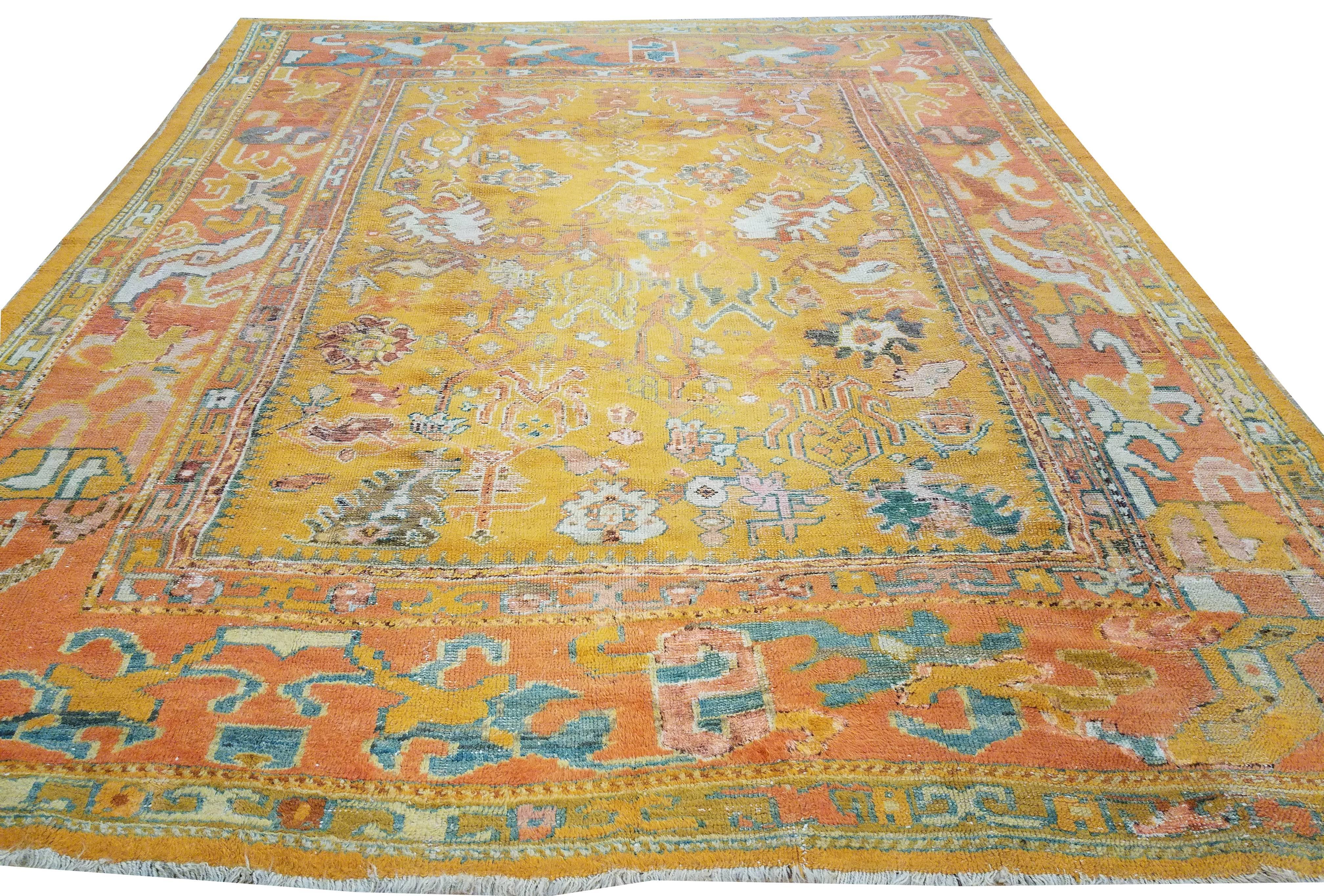 19th Century Antique Oushak Carpet, Oriental Rug, Handmade Orange, Ivory and Saffron