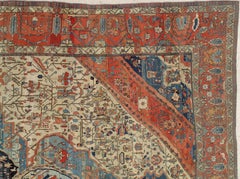 Antique Kashan Carpet, Handmade Wool Carpet, Ivory, Light Blue, Rust, Navy