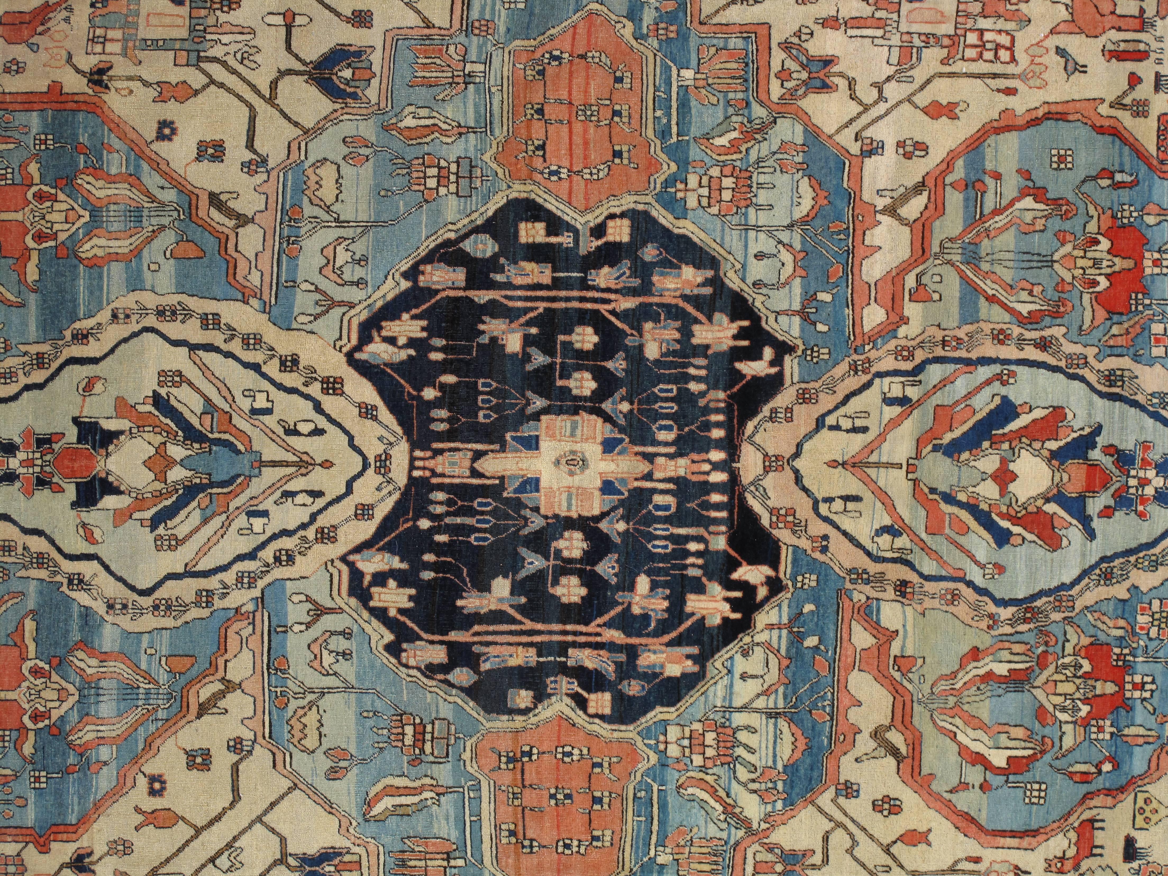Persian Antique Kashan Carpet, Handmade Wool Carpet, Ivory, Light Blue, Rust, Navy