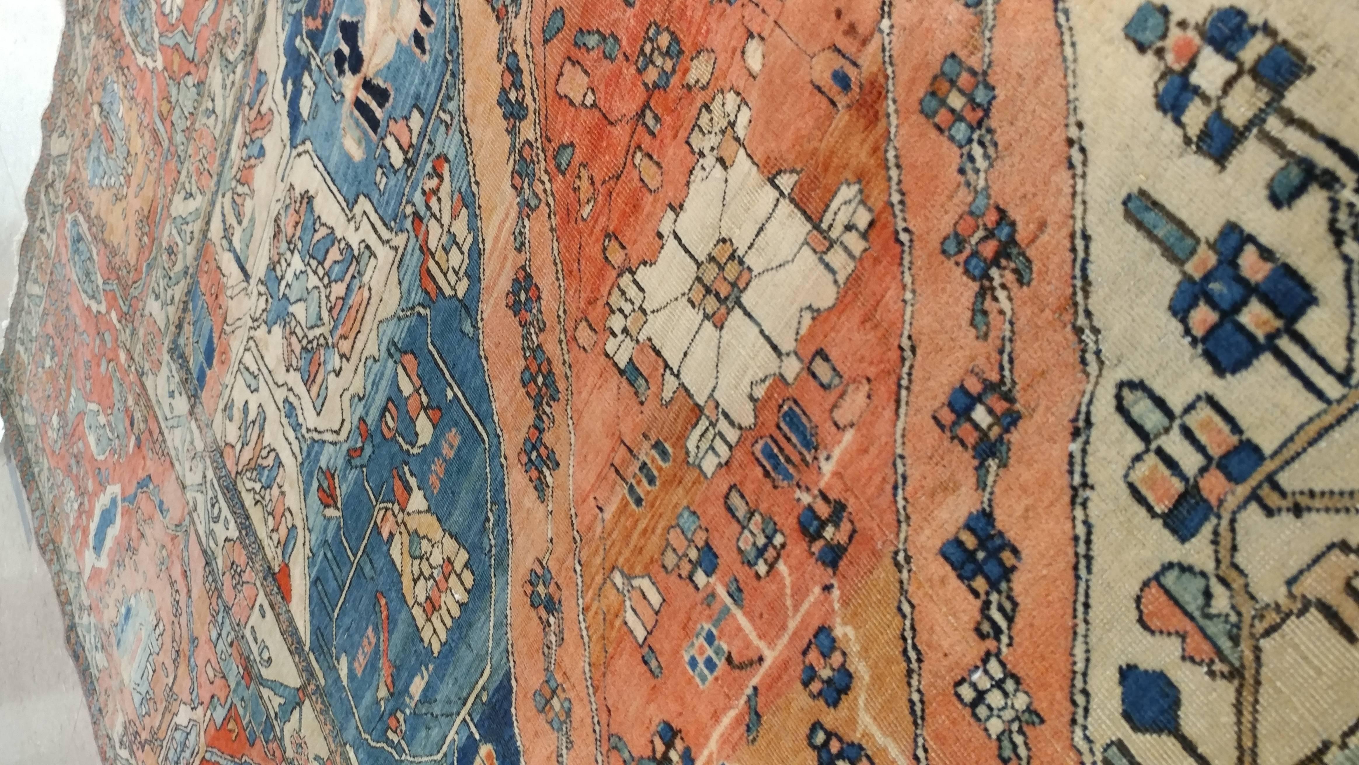Hand-Knotted Antique Kashan Carpet, Handmade Wool Carpet, Ivory, Light Blue, Rust, Navy