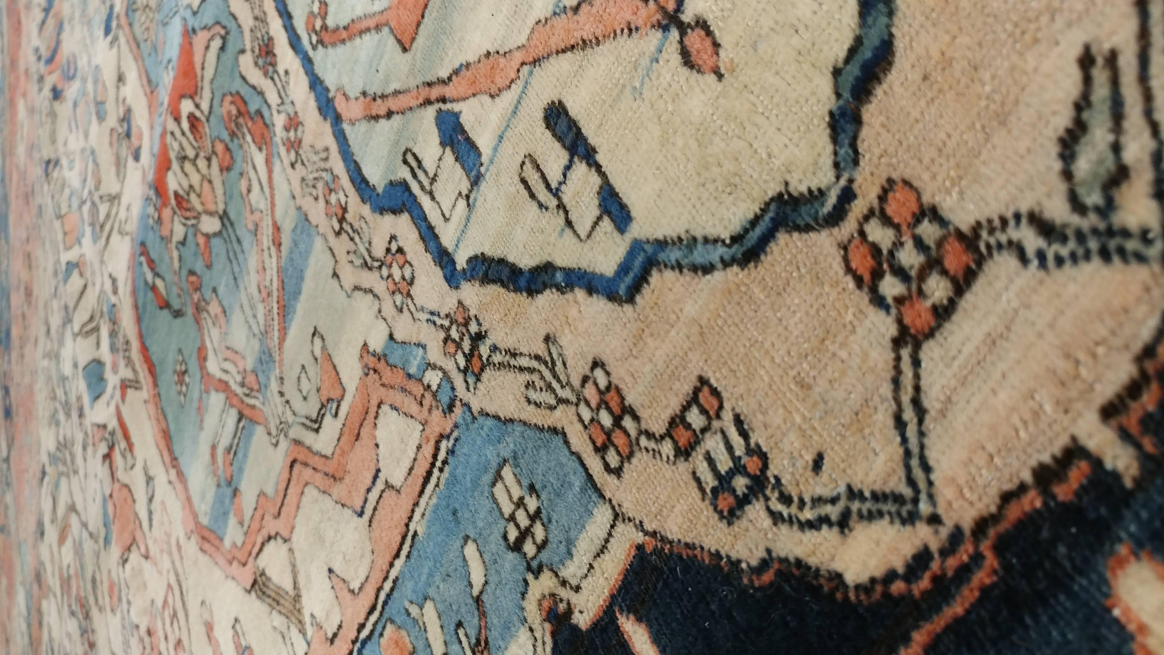 19th Century Antique Kashan Carpet, Handmade Wool Carpet, Ivory, Light Blue, Rust, Navy
