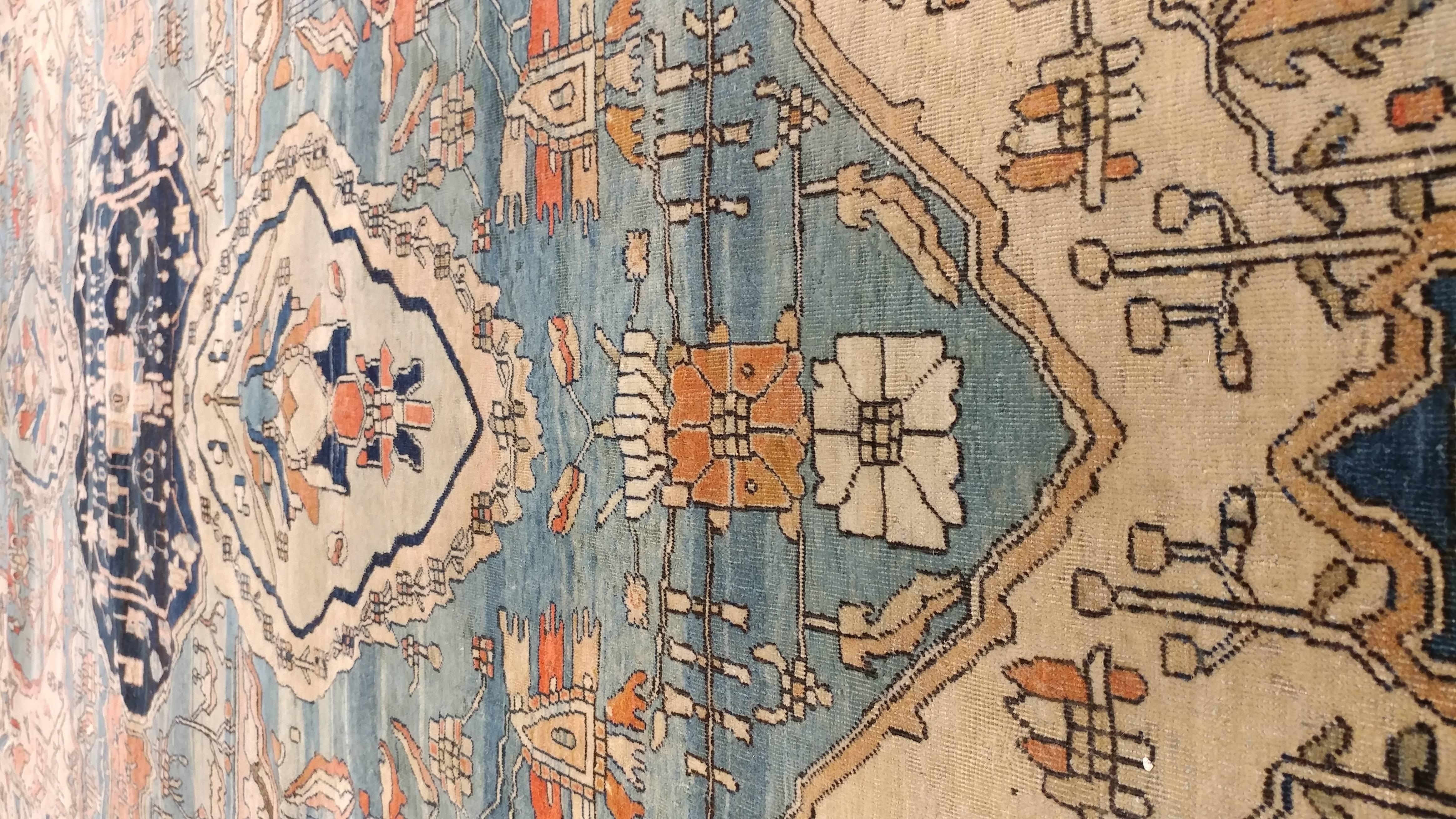 Antique Kashan Carpet, Handmade Wool Carpet, Ivory, Light Blue, Rust, Navy 3