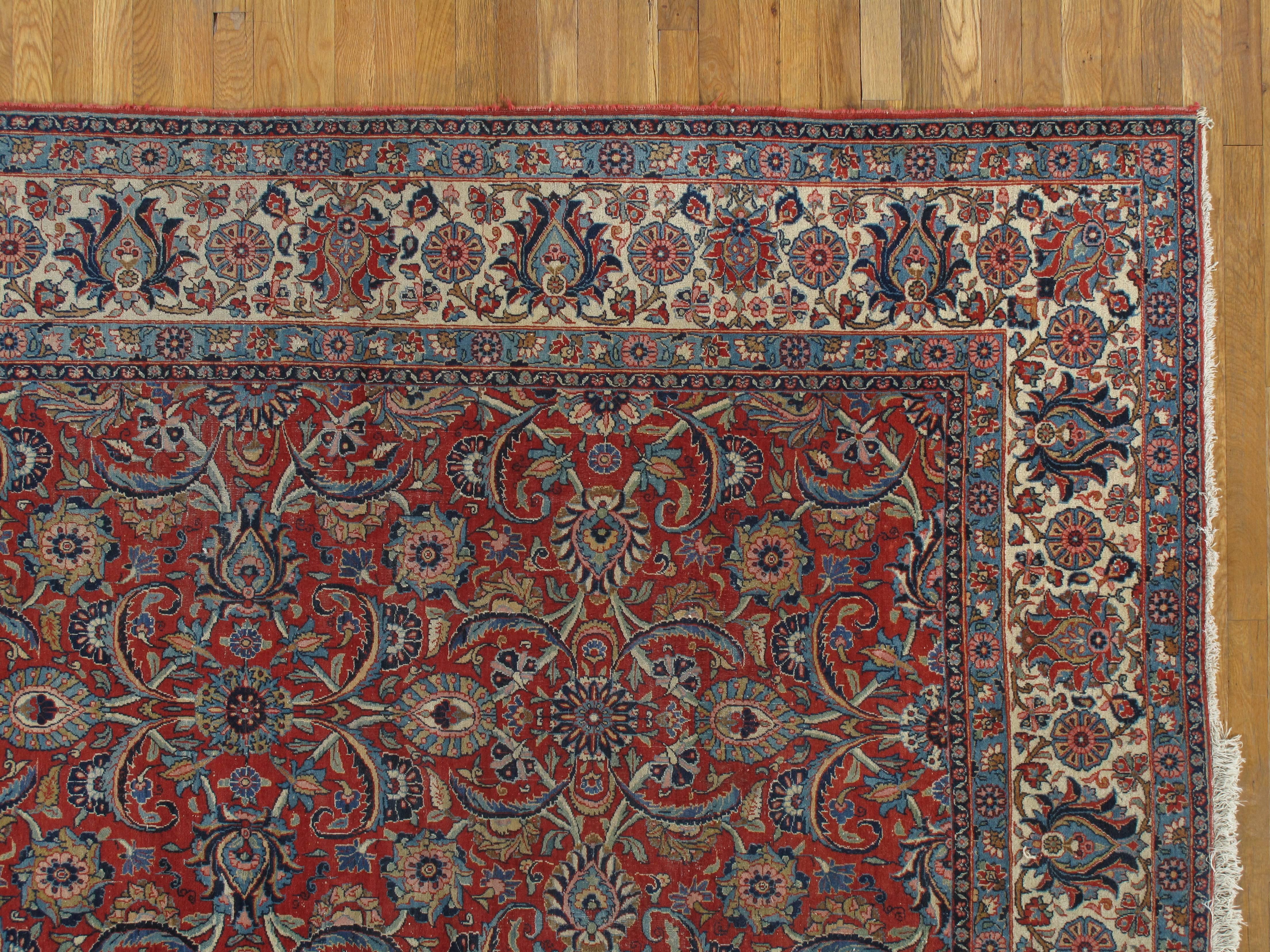 Persian Antique Dabir Kashan Carpet, Handmade Wool Carpet, Red, Navy, Ivory For Sale