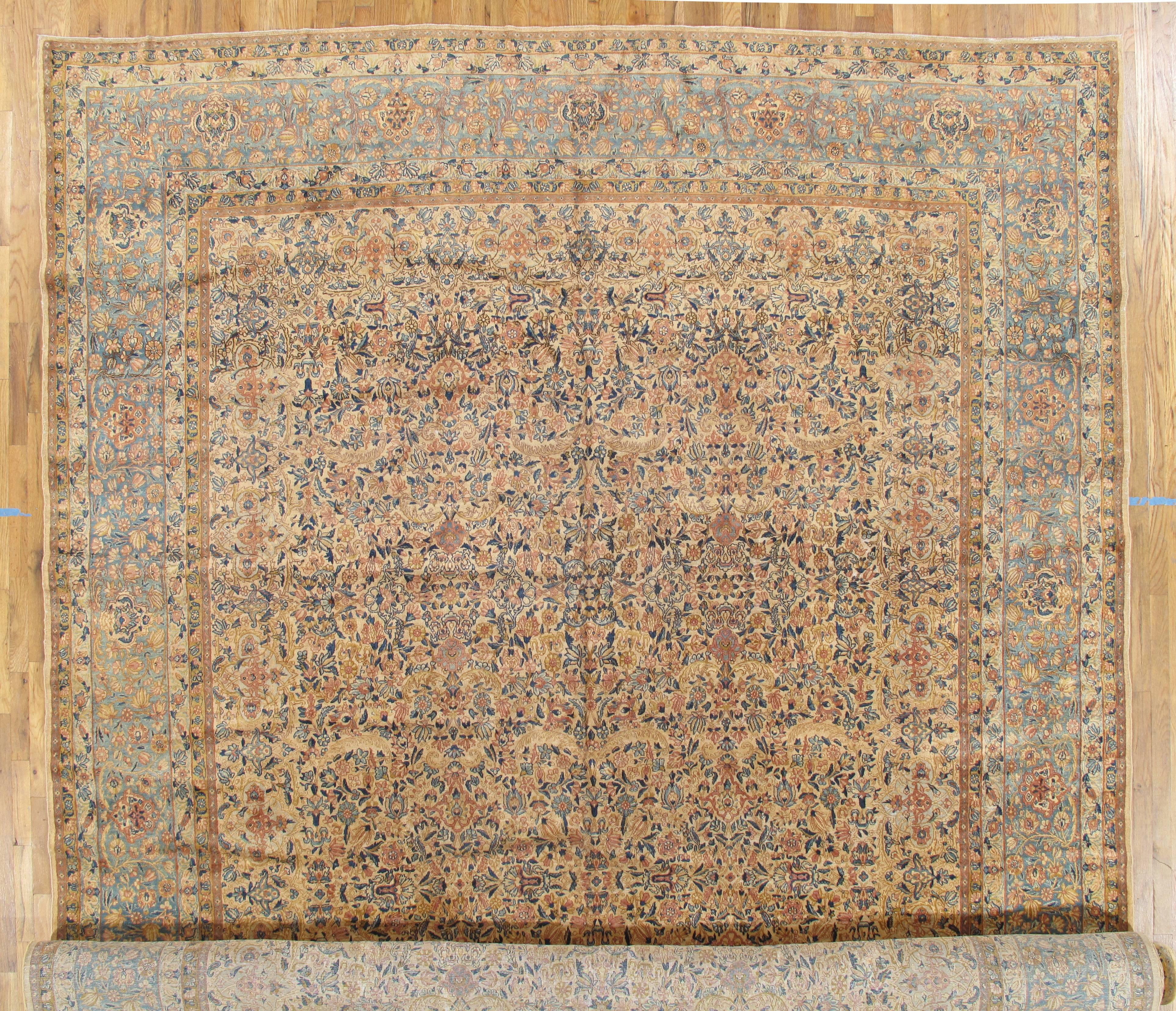 Hand-Knotted Antique Kerman Carpet, Handmade Persian Rug Wool Carpet, Blue, Beige and Peach For Sale