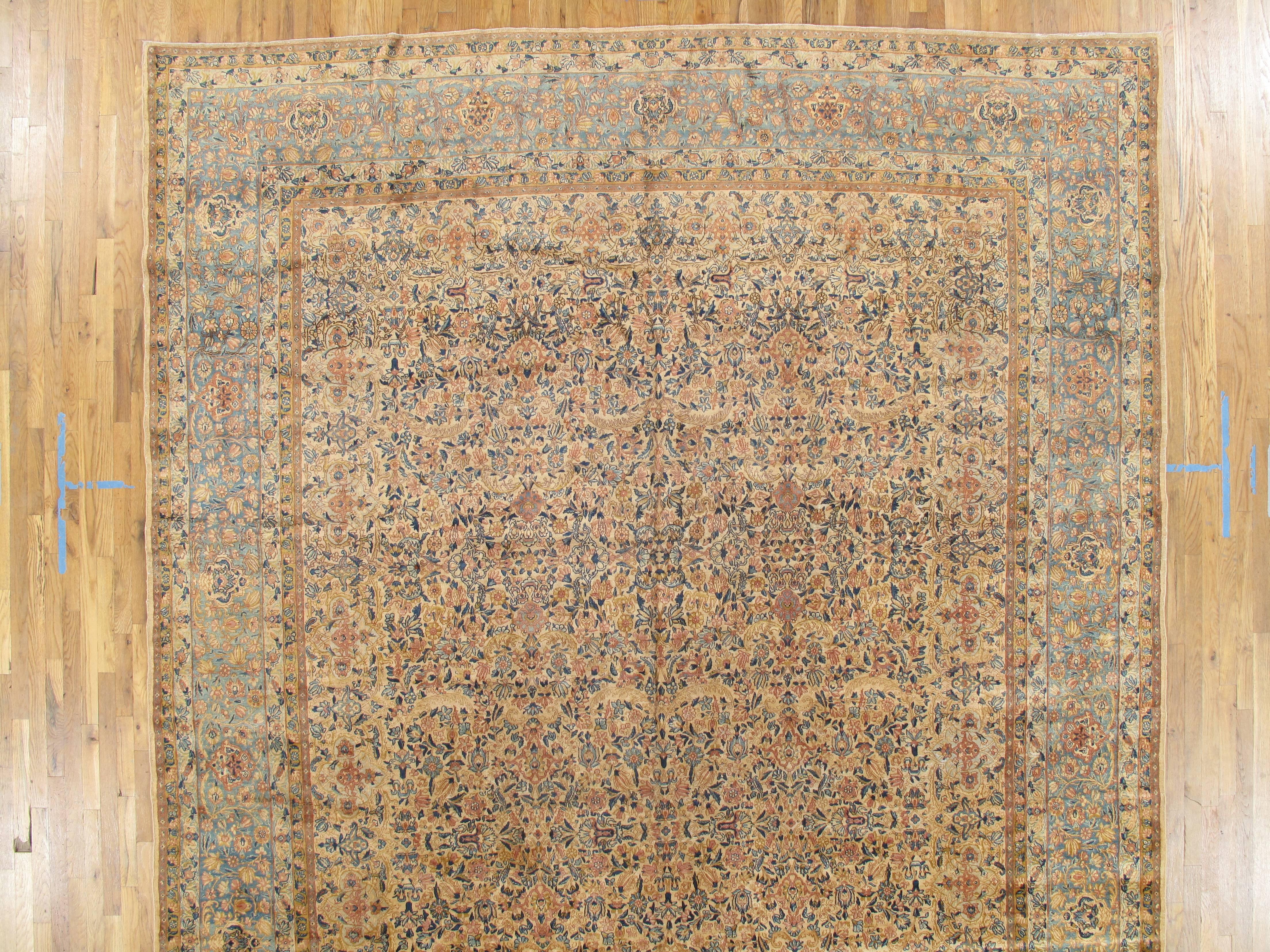 Antique Kerman Carpet, Handmade Persian Rug Wool Carpet, Blue, Beige and Peach In Good Condition For Sale In Port Washington, NY