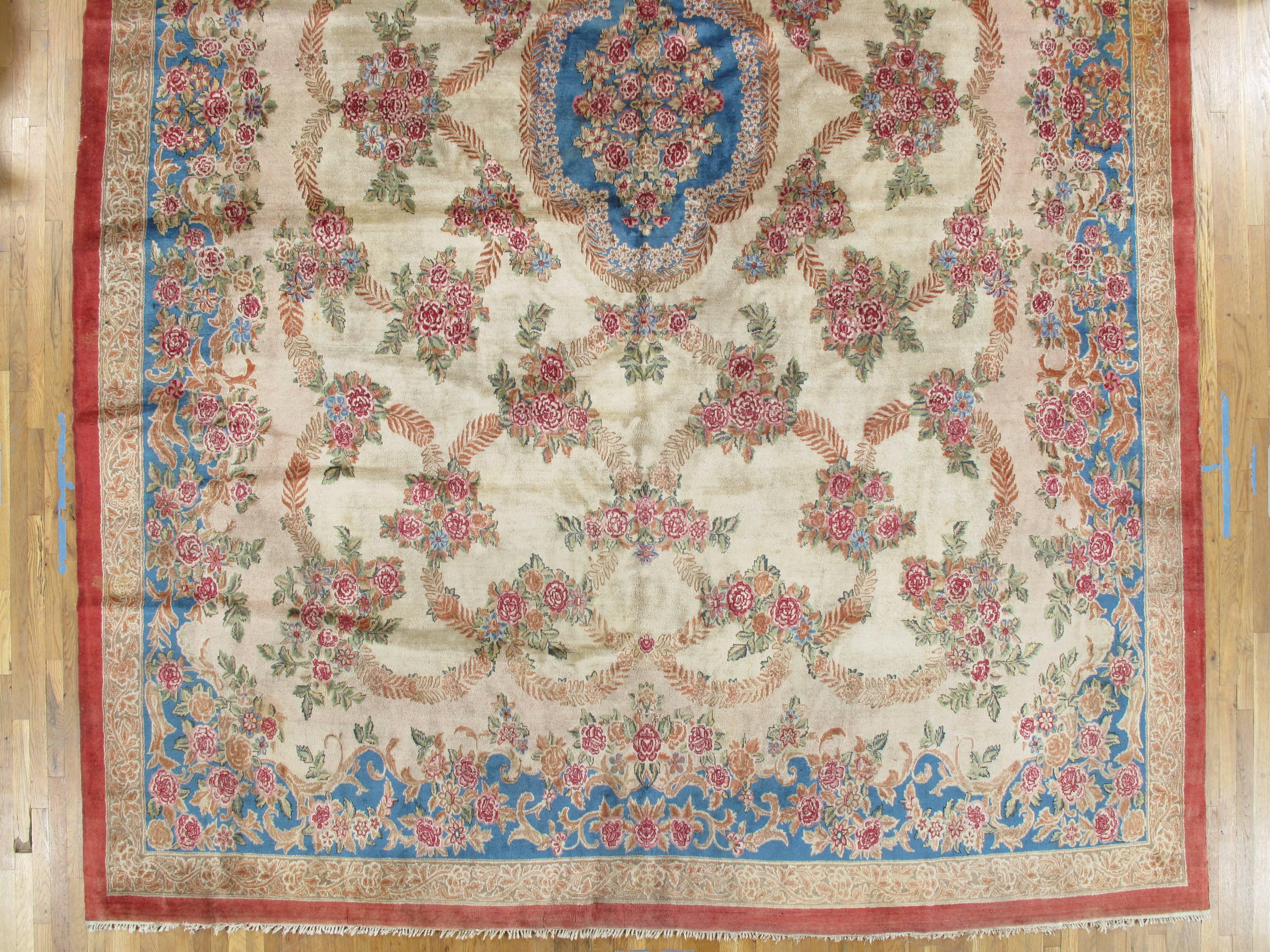 Hand-Knotted Antique Kerman Carpet, Handmade Persian Rug, Wool Carpet, Pink Red, Green, Ivory For Sale
