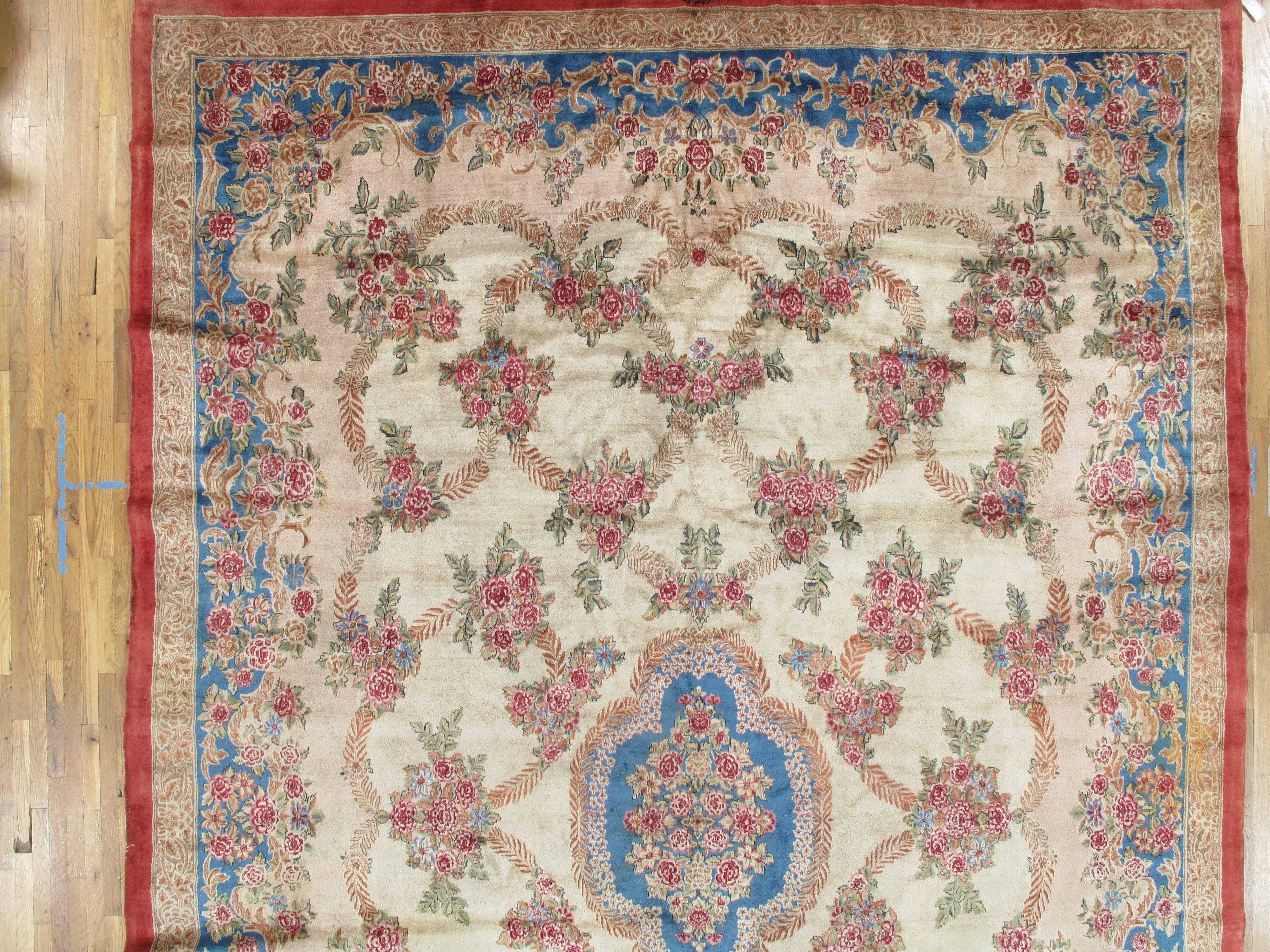 Antique Kerman Carpet, Handmade Persian Rug, Wool Carpet, Pink Red, Green, Ivory In Excellent Condition For Sale In Port Washington, NY
