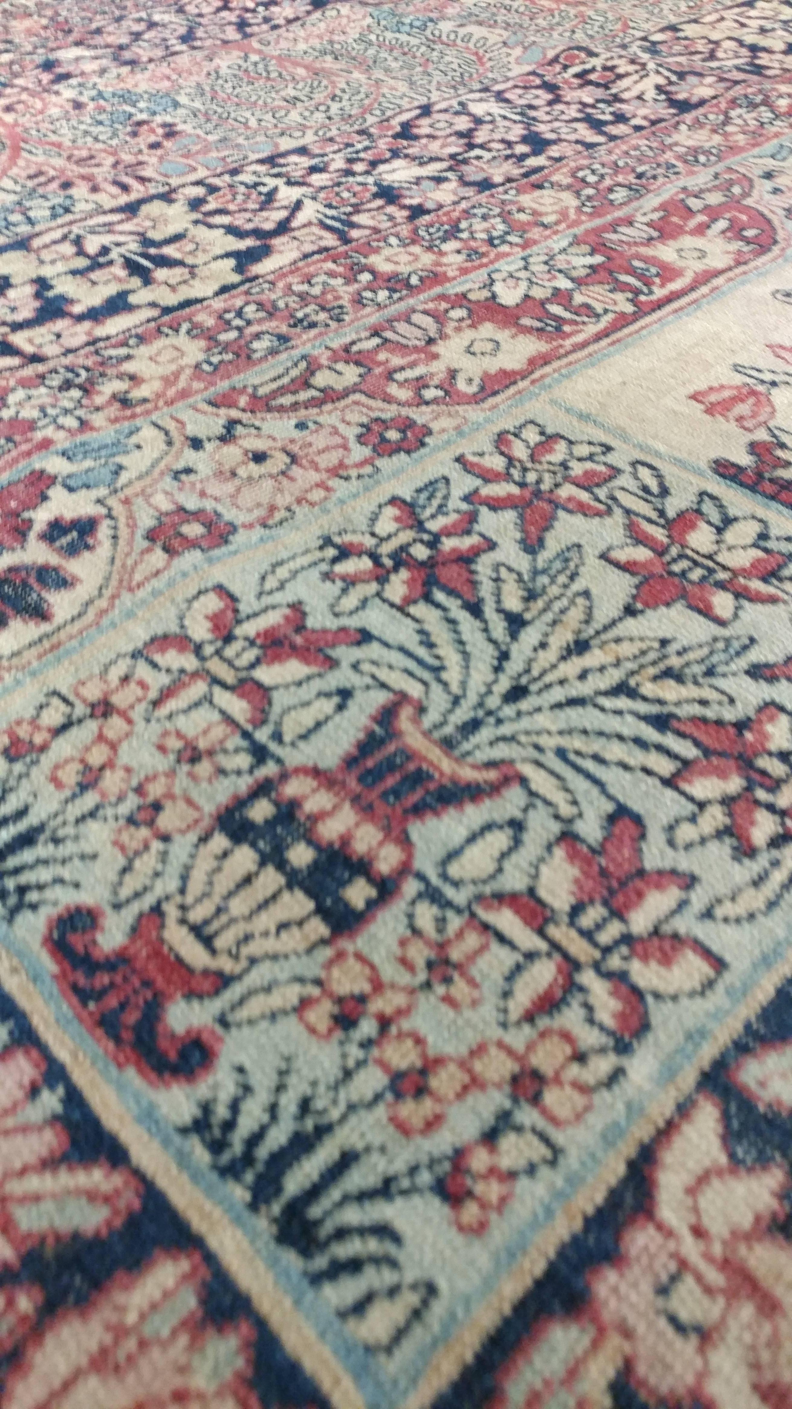 Antique Lavar Kerman Carpet, Handmade Wool Carpet, Multi-Color, Ivory, Red Wine For Sale 1