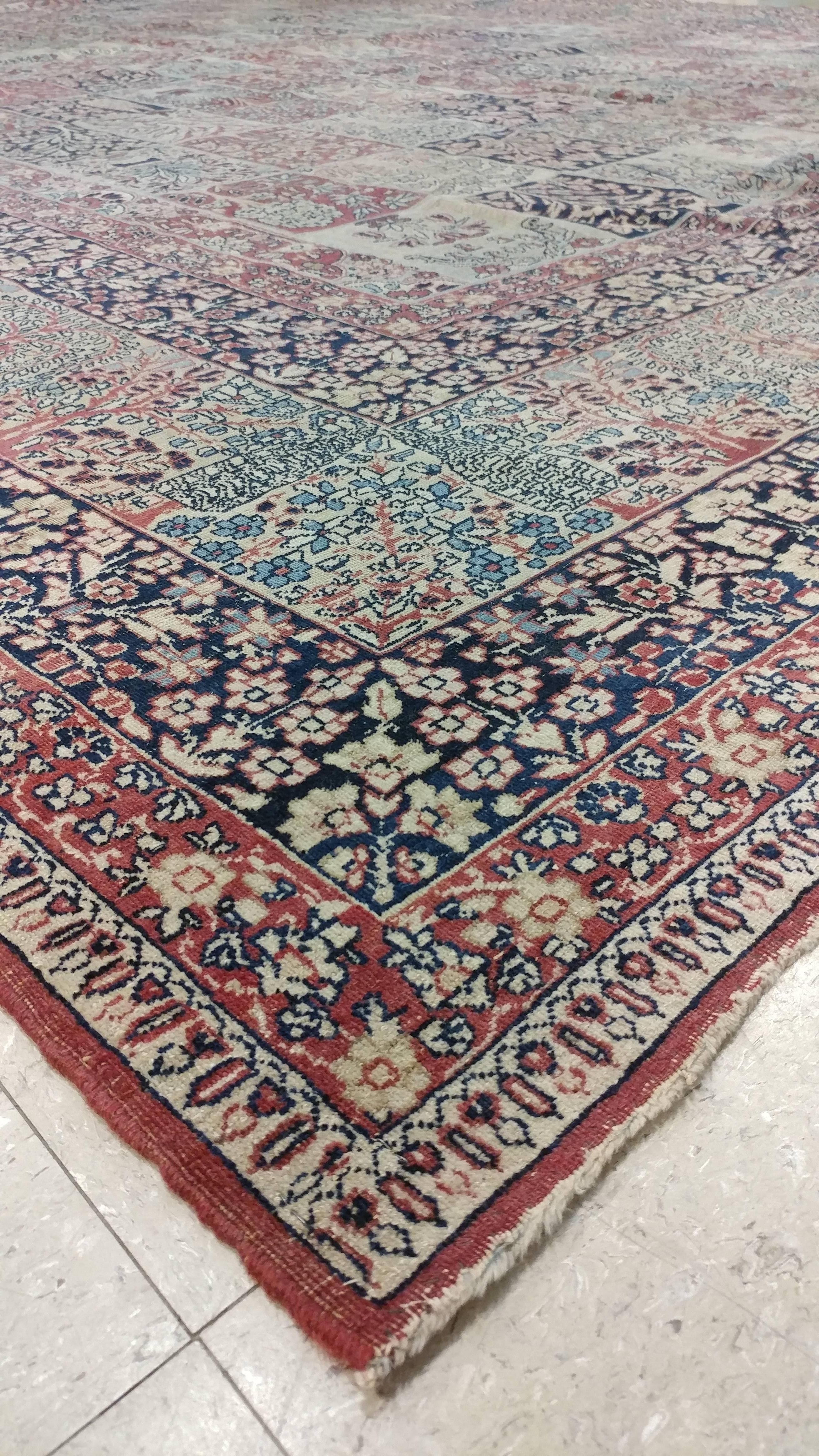 Persian Antique Lavar Kerman Carpet, Handmade Wool Carpet, Multi-Color, Ivory, Red Wine For Sale