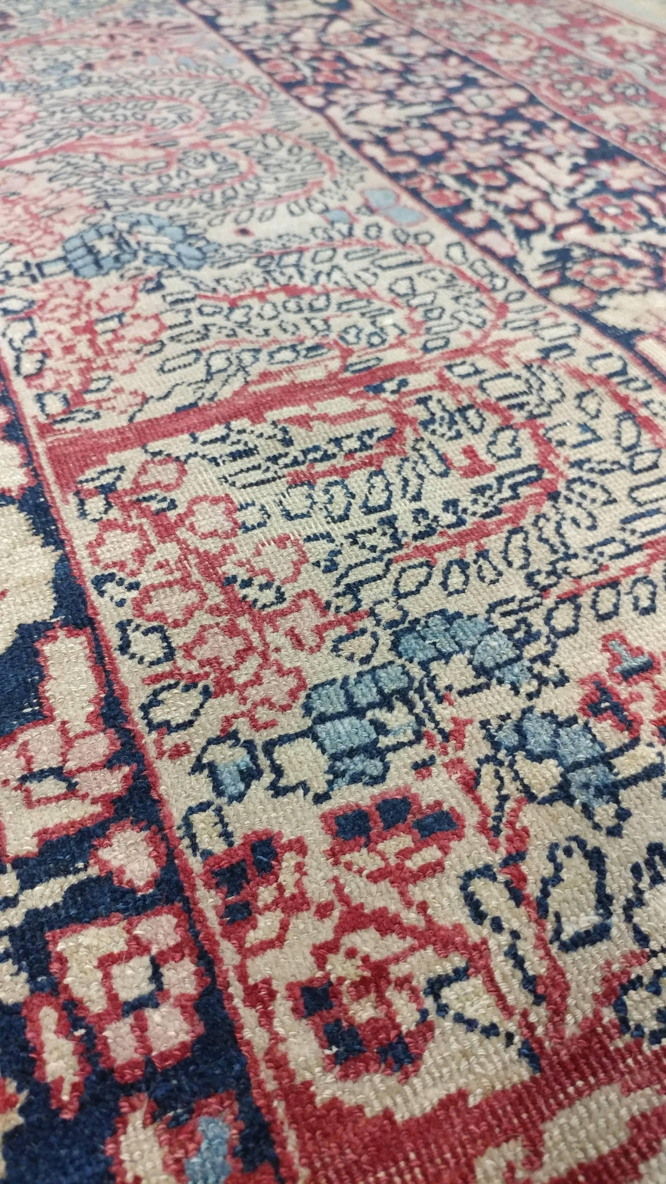 Hand-Knotted Antique Lavar Kerman Carpet, Handmade Wool Carpet, Multi-Color, Ivory, Red Wine For Sale
