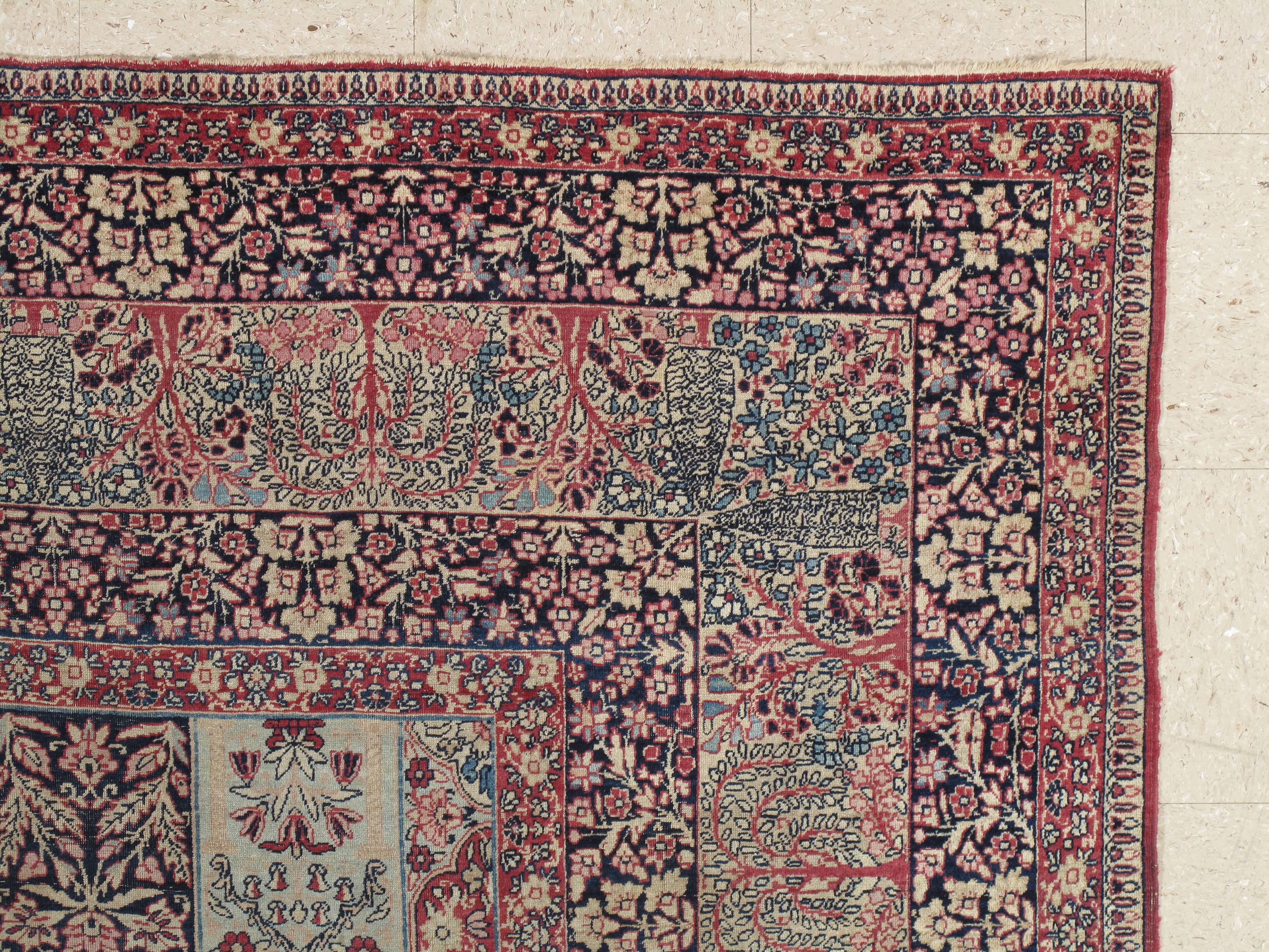 Antiker Lavar Kerman Teppich, handgefertigter Wollteppich, mehrfarbiger, elfenbeinfarbener, roter Wein (Handgeknüpft) im Angebot