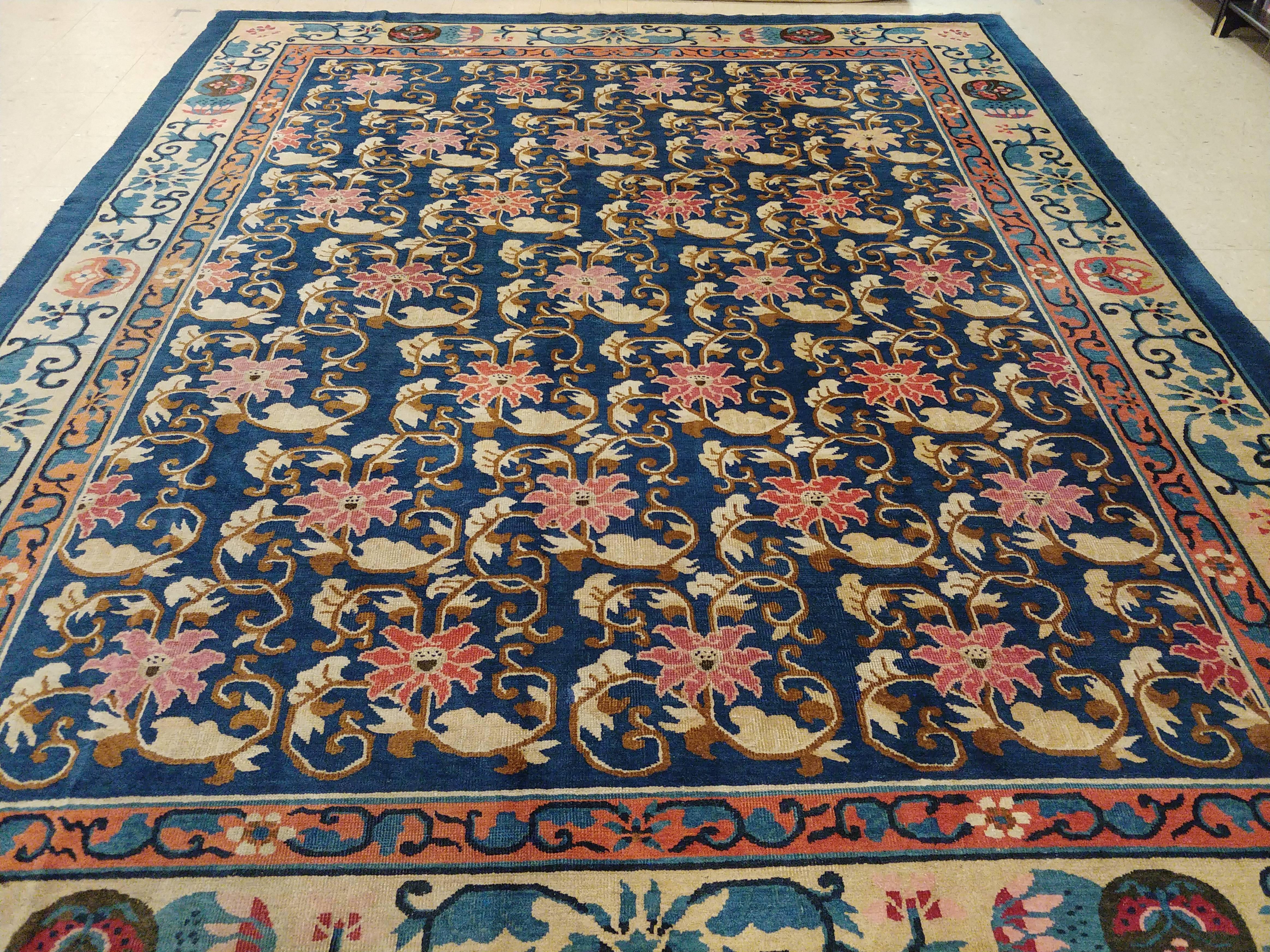 Antique Chinese carpets were woven in classical Chinese patterns, with their fret borders, shou medallions and other far-eastern motifs. These carpets, however, are bolder and simpler, course of weave. Most fine Chinese rugs have a high percentage