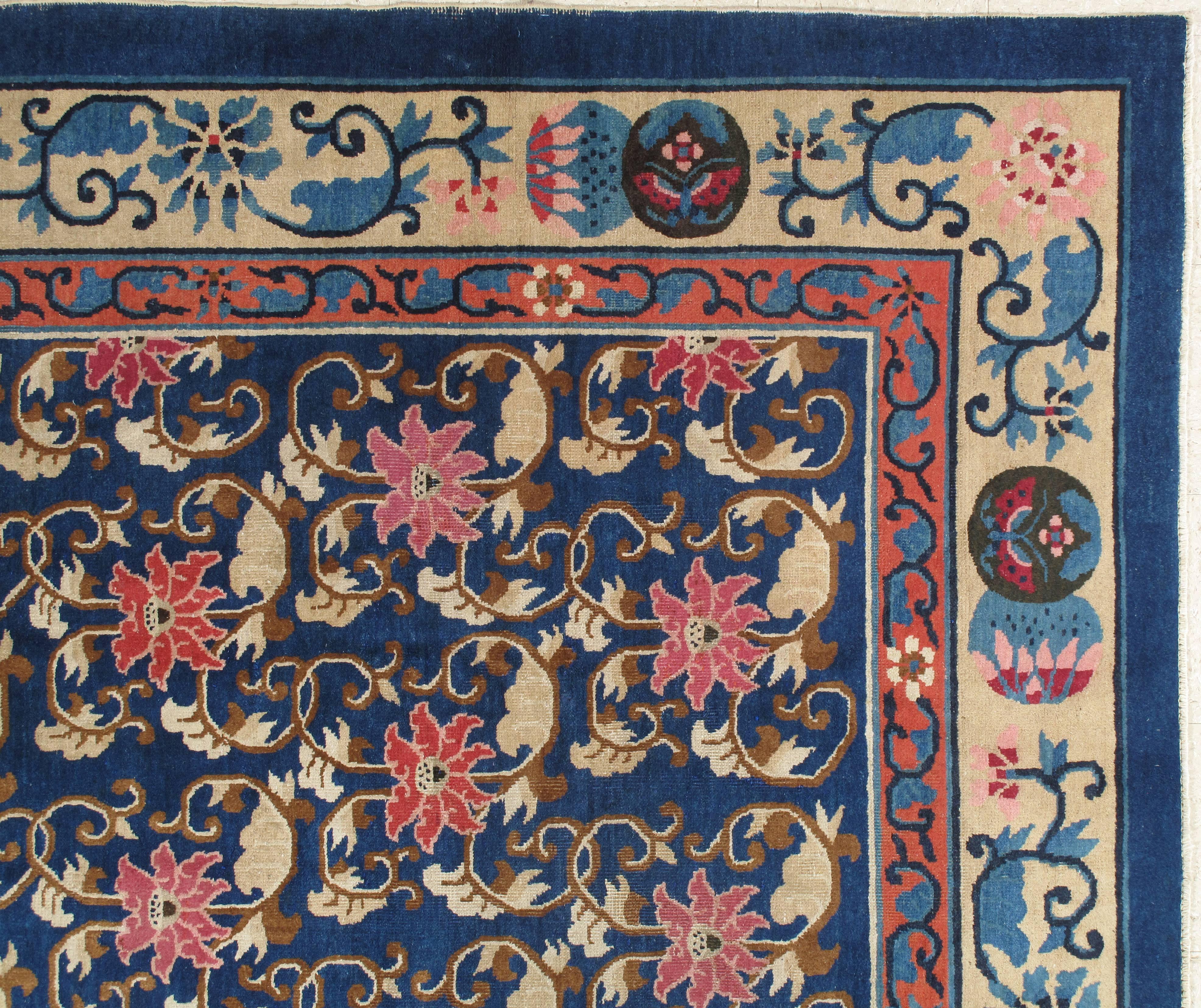 20th Century Antique Chinese Carpet, Oriental Rug, Handmade Nice Blue, Beige, Unusual Design For Sale