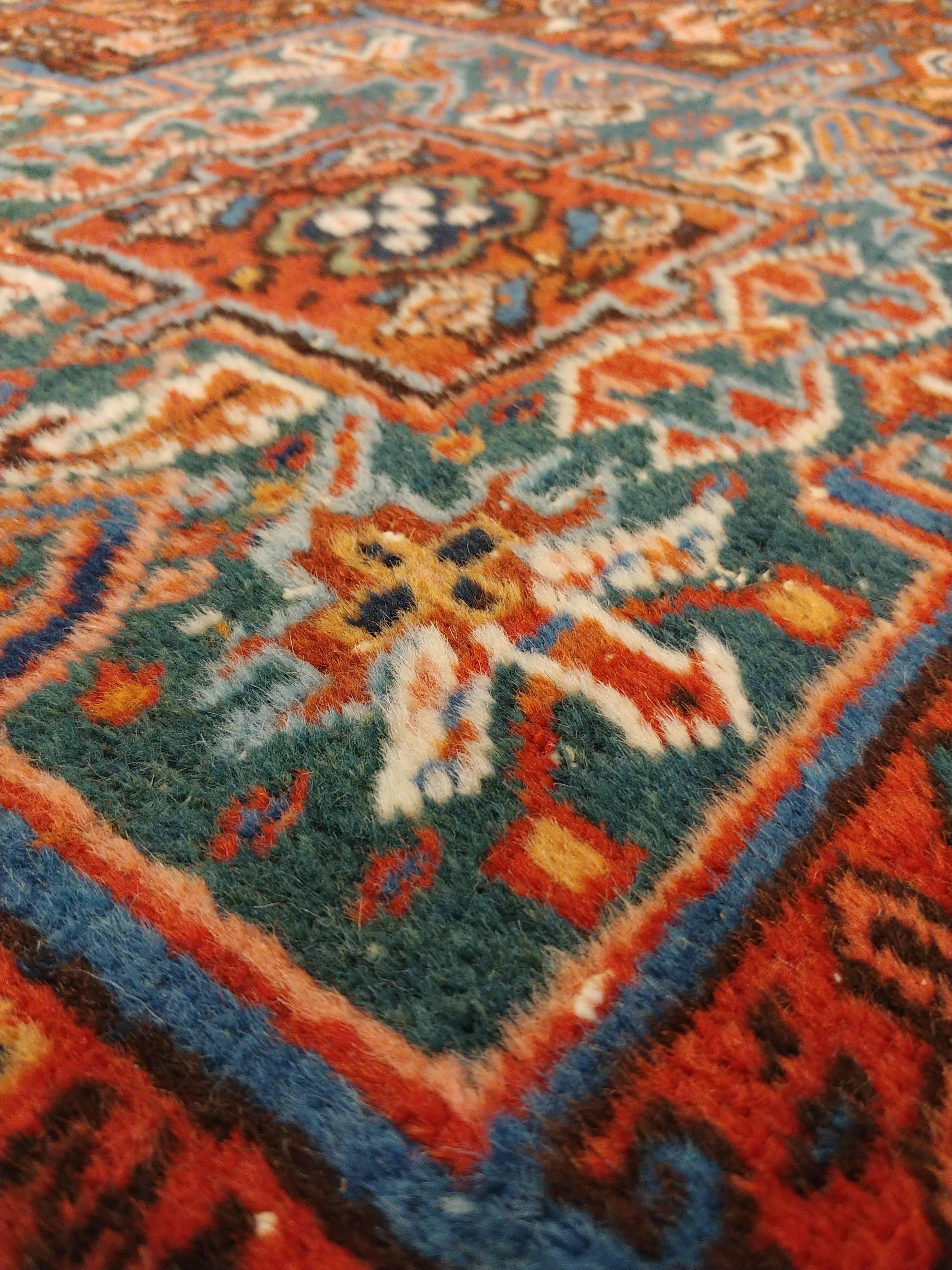 Hand-Knotted Vintage Persian Karaja Rug, Handmade Wool Oriental Rug, Rust, Ivory, Light Blue For Sale