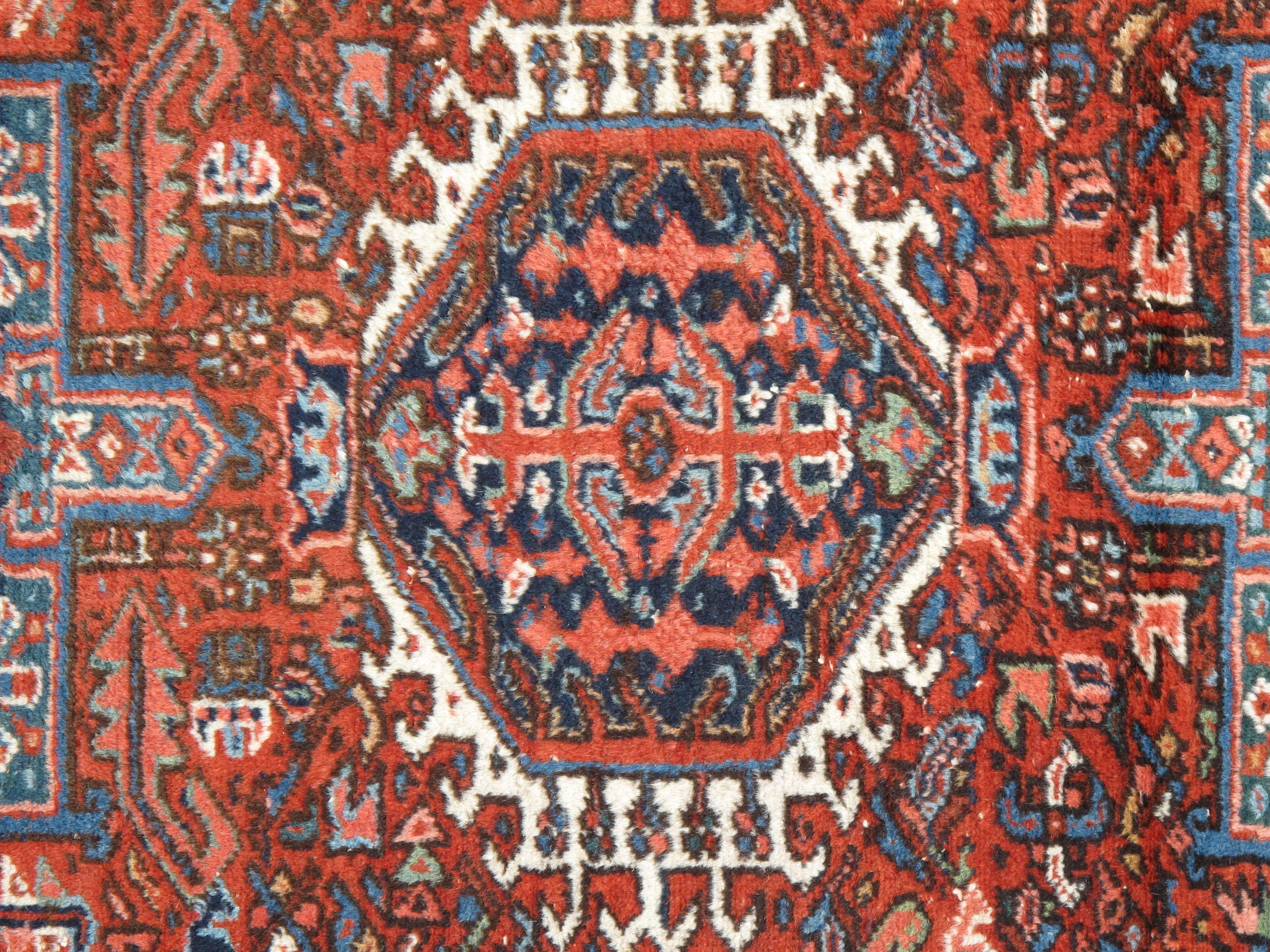 Vintage Persian Karaja Rug, Handmade Wool Oriental Rug, Rust, Ivory, Light Blue For Sale 2