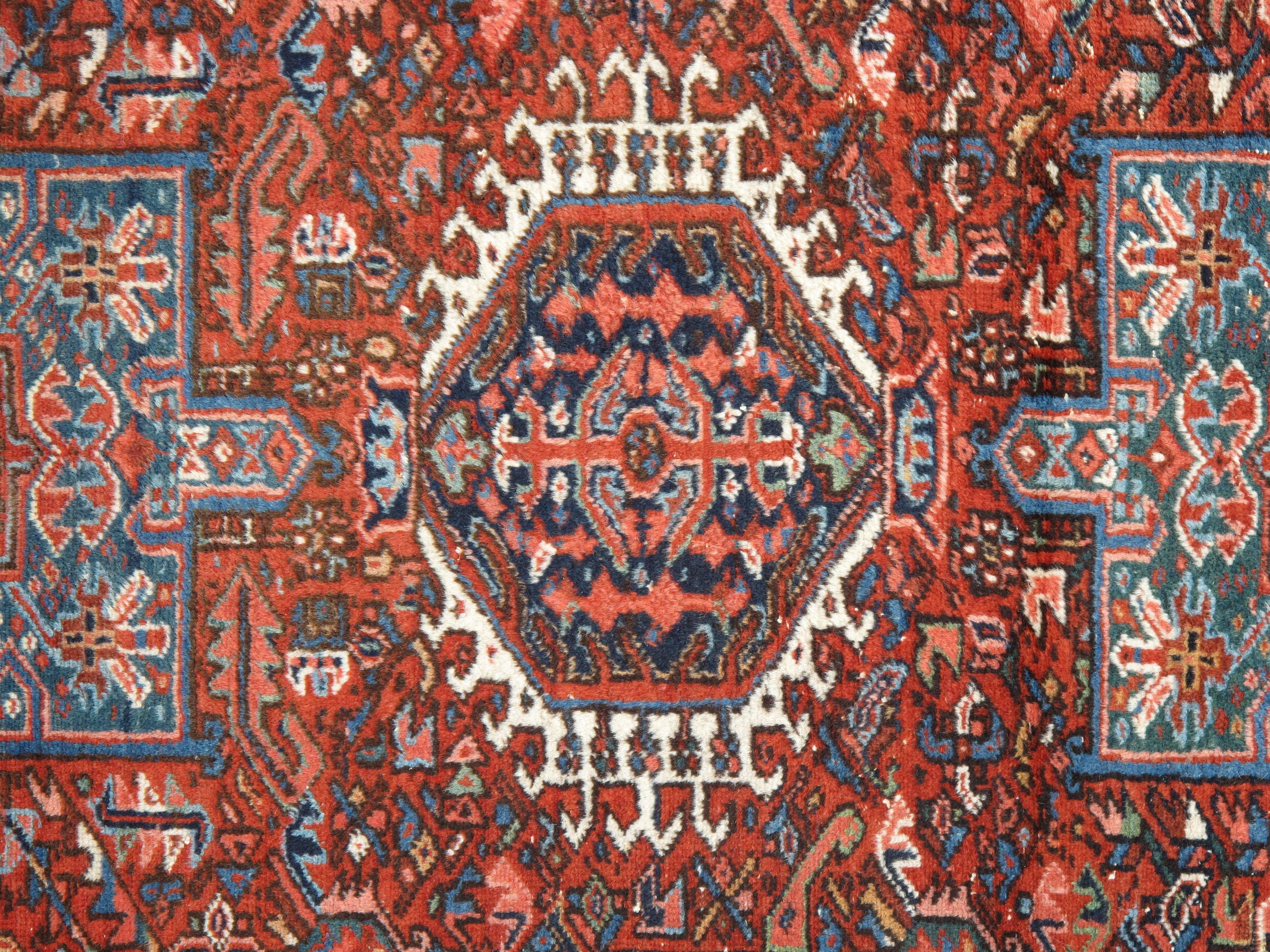 Vintage Persian Karaja Rug, Handmade Wool Oriental Rug, Rust, Ivory, Light Blue For Sale 3