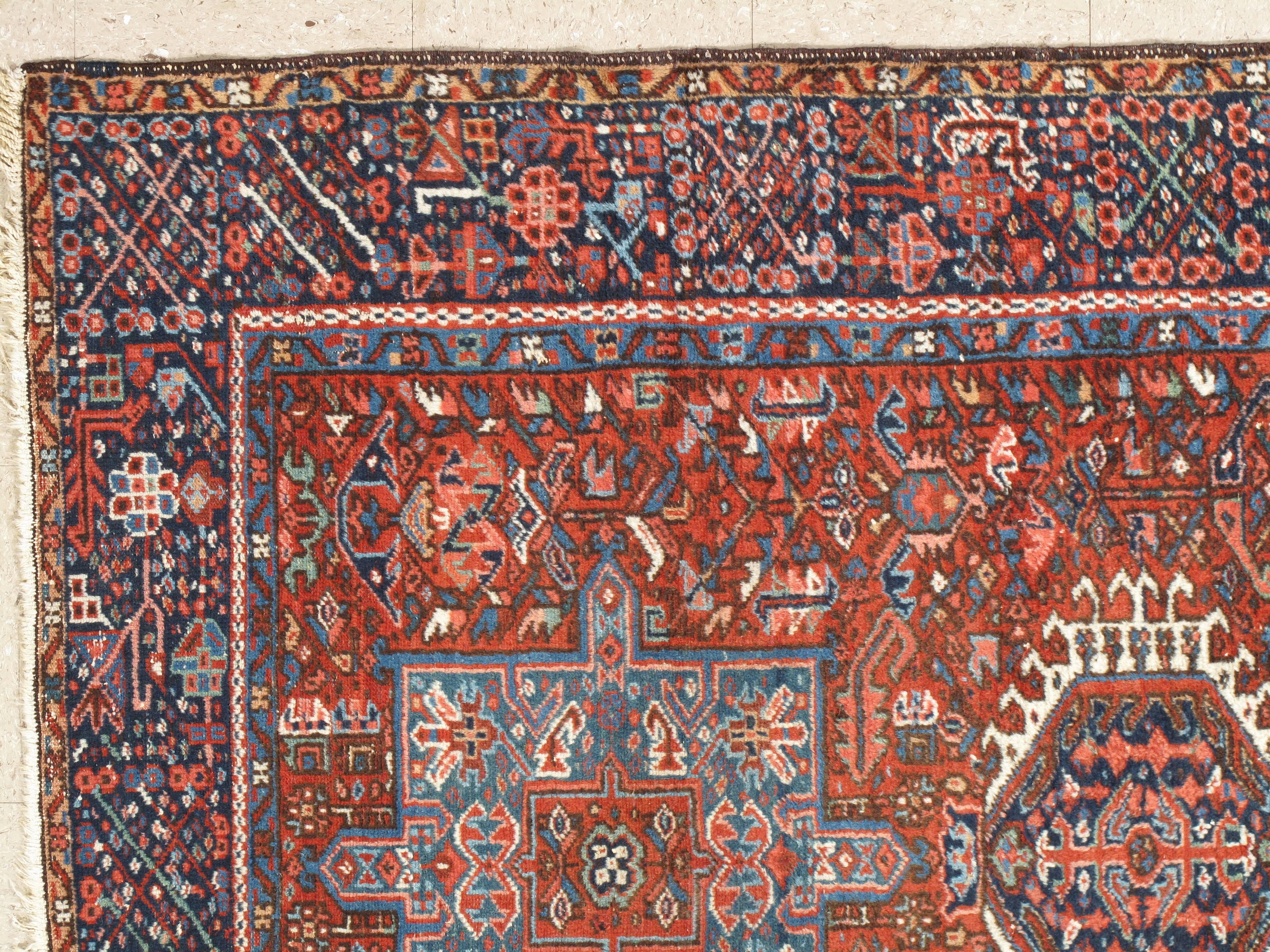 Vintage Persian Karaja Rug, Handmade Wool Oriental Rug, Rust, Ivory, Light Blue For Sale 1