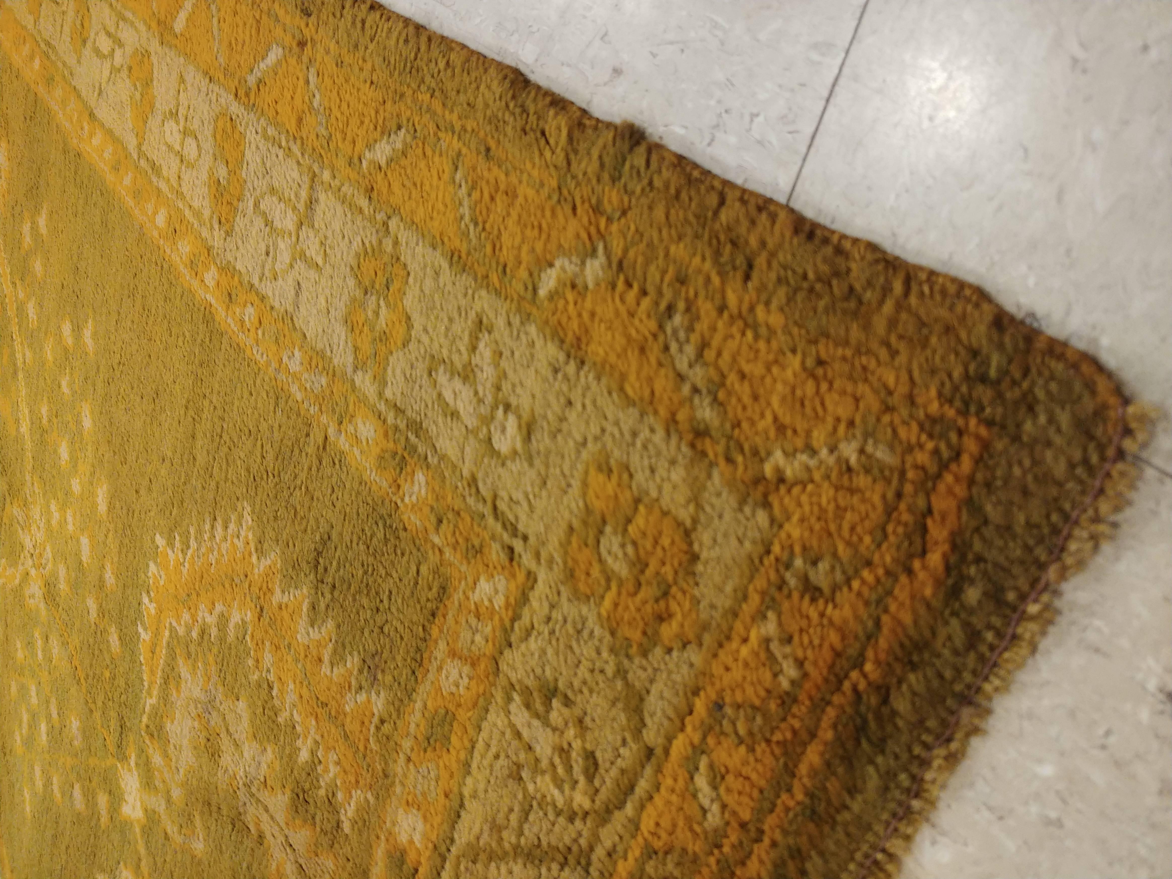Antique Oushak Carpet, Oriental Rug, Handmade Green, Muted Taupe, Soft Saffron In Excellent Condition In Port Washington, NY