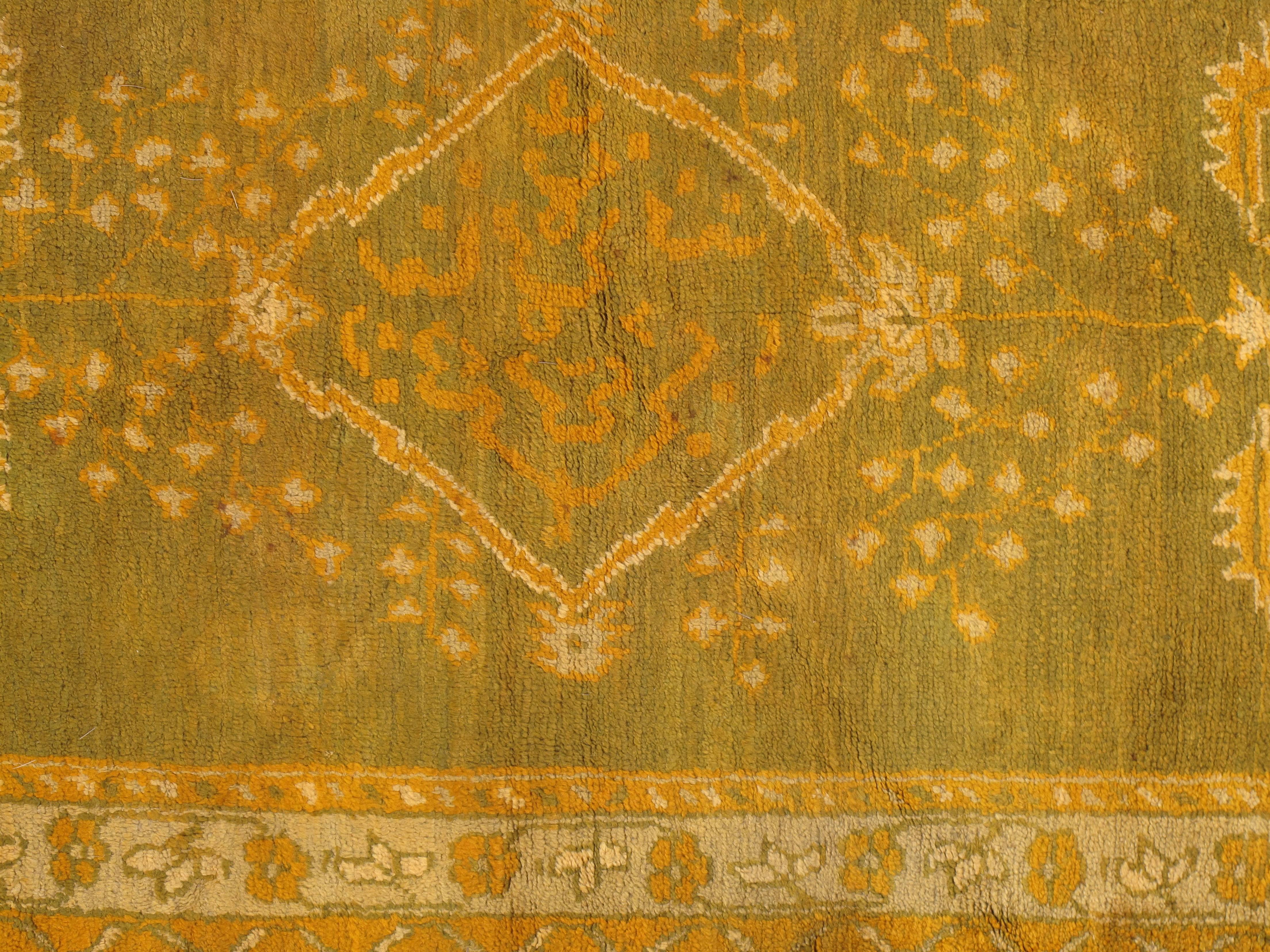 Wool Antique Oushak Carpet, Oriental Rug, Handmade Green, Muted Taupe, Soft Saffron