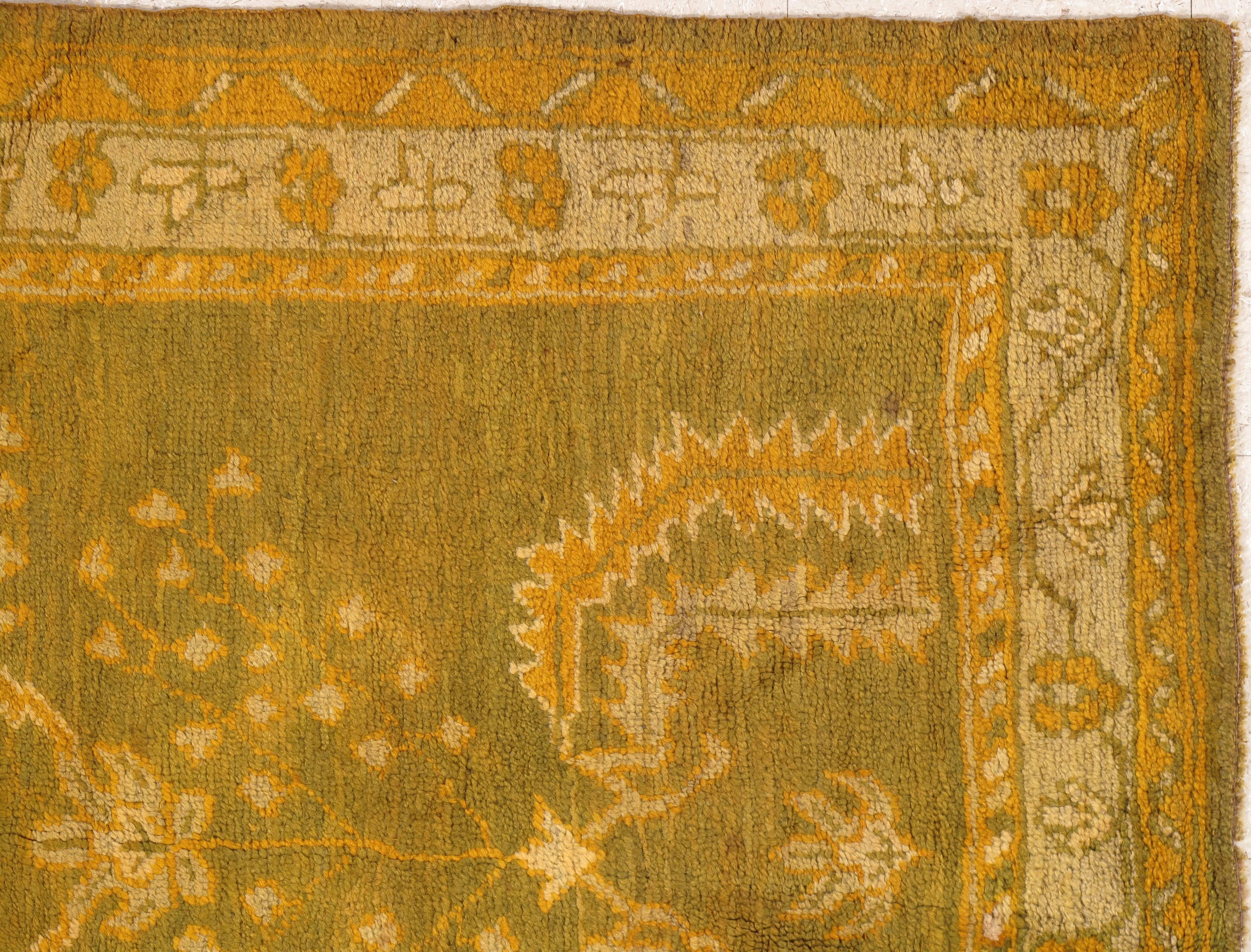 19th Century Antique Oushak Carpet, Oriental Rug, Handmade Green, Muted Taupe, Soft Saffron