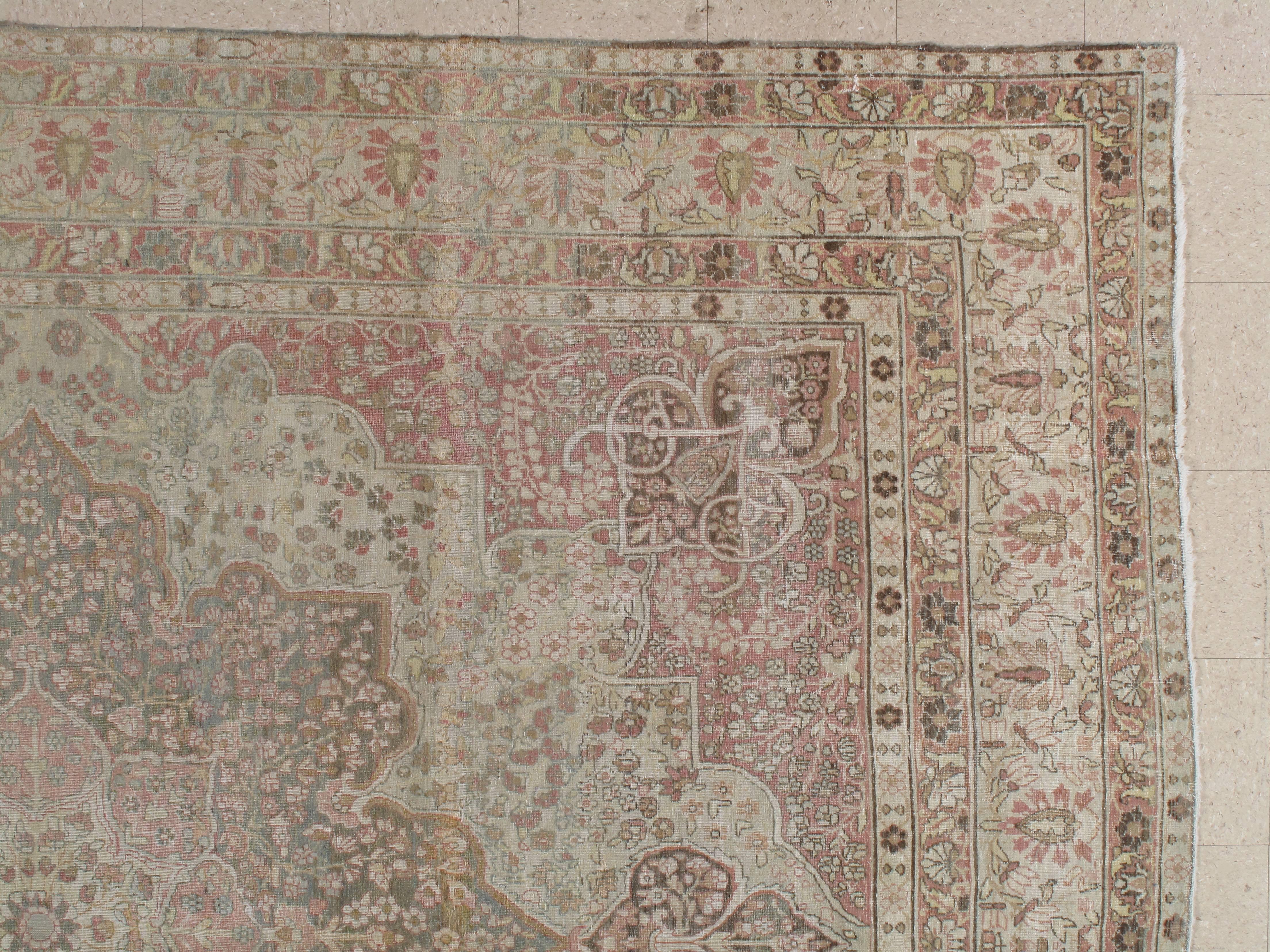Persian Antique Lavar Kerman Carpet, Soft Pastel Colors, Ivory, Pink, Light Gray/Blue For Sale