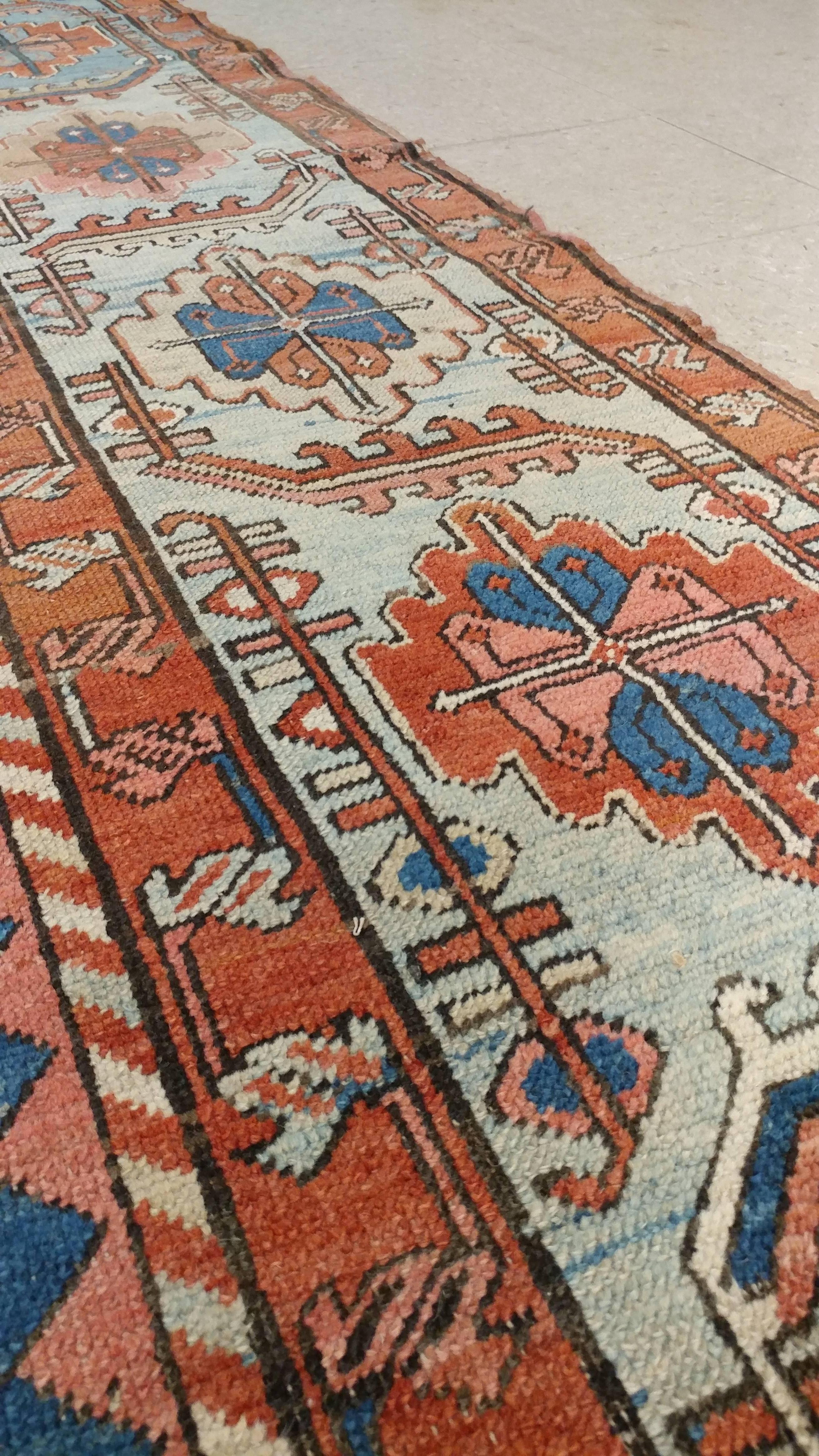 Hand-Knotted Antique Persian Serapi Carpet, Handmade Wool Oriental Rug, Gold-Ivory Light Blue