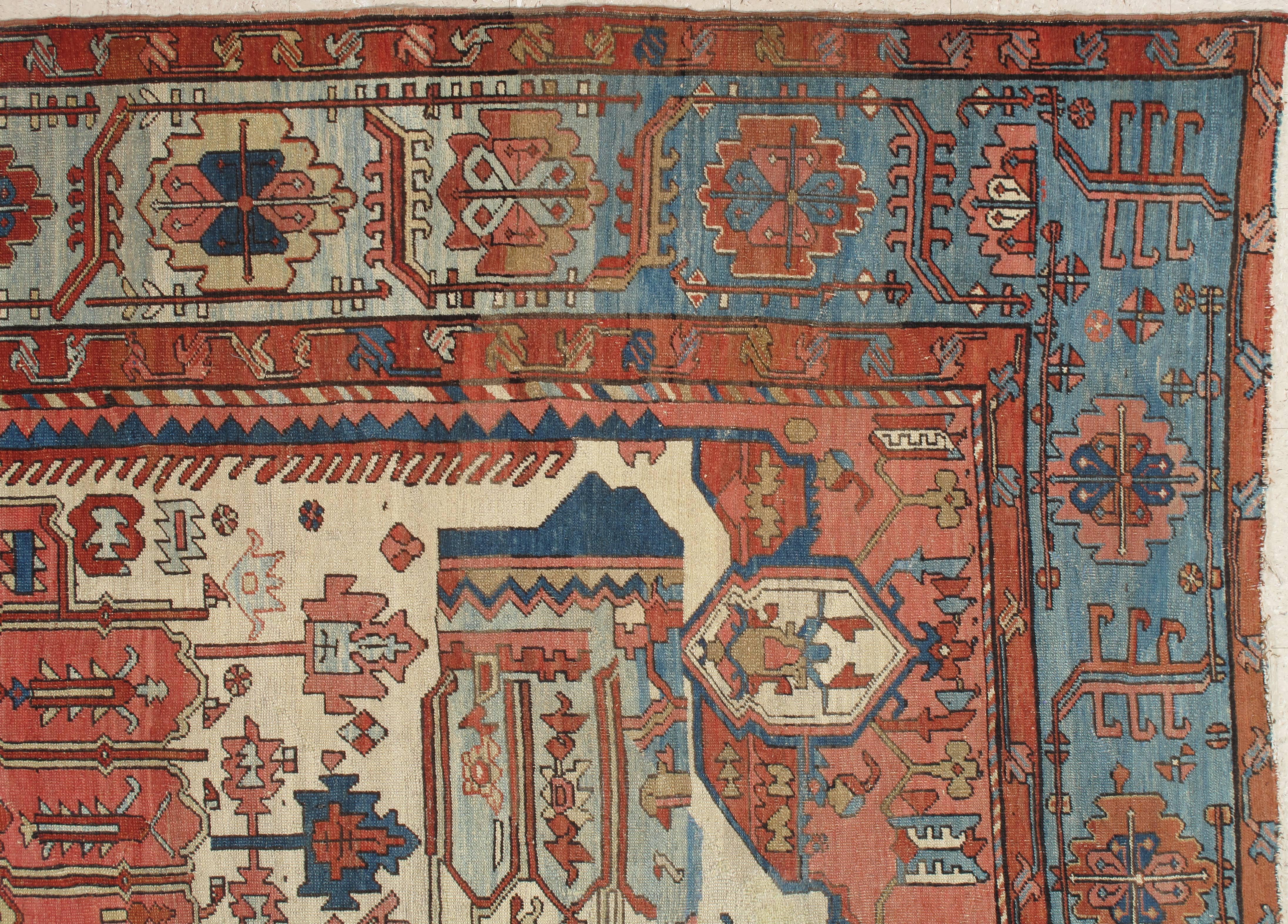 Antique Persian Serapi Carpet, Handmade Wool Oriental Rug, Gold-Ivory Light Blue 5